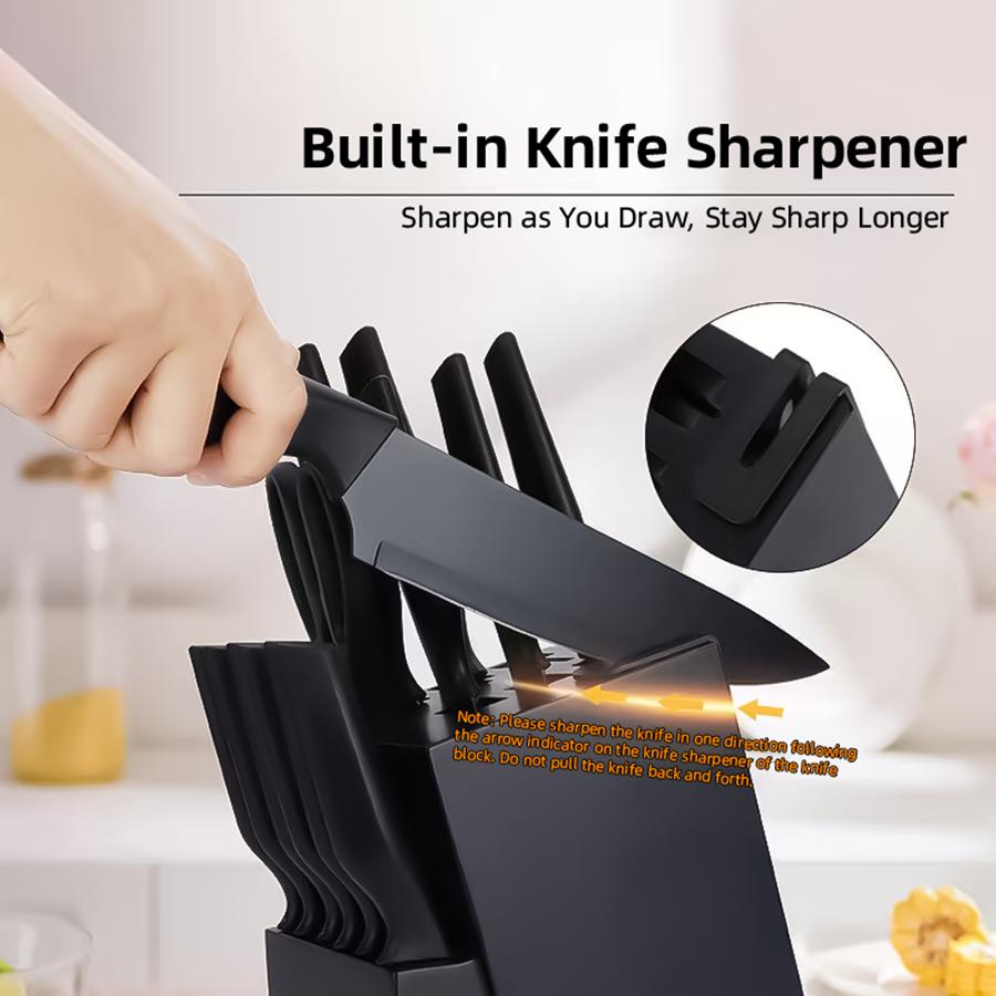 XBJ Knife Set with Knife Block, 15-Piece Rainbow Titanium Knife Block Set, Cooking Steak Knife Set with Black Handles.