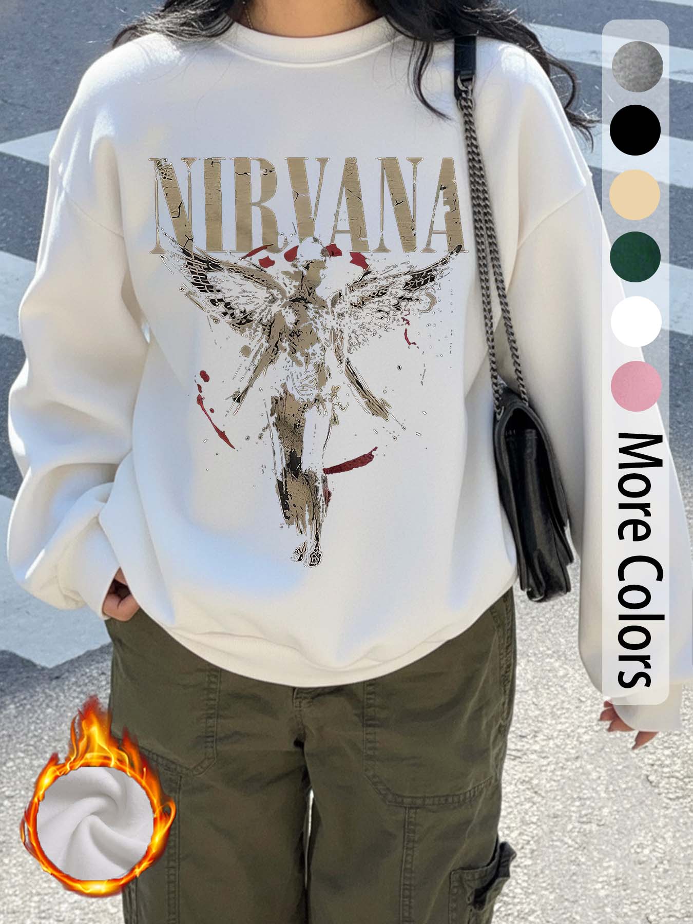 "Nirvana" Nirvana band pattern letter print, casual retro long-sleeved pullover, round neck casual sports women's pullover sweatshirt, autumn and winter plus velvet women's clothing