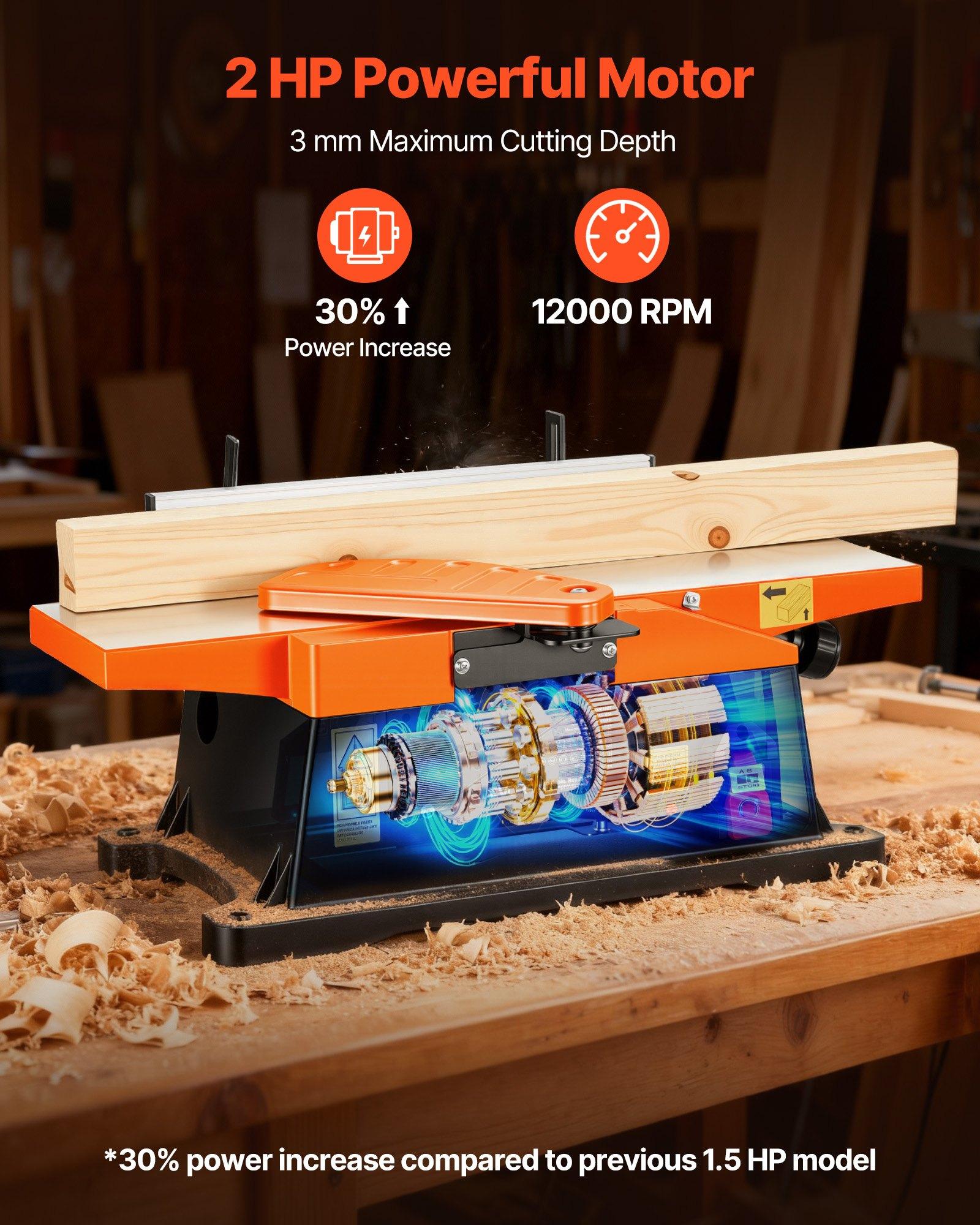 VEVOR Spiral Benchtop Jointer, 6 in, 2 HP 12000 RPM Bench Top Wood Jointer, with 12-Blade Spiral Cutterhead, Up to 1/8 in Depth, Adjustable Fence, 6x 23 in Cast Aluminum Table, for Woodworking DIY