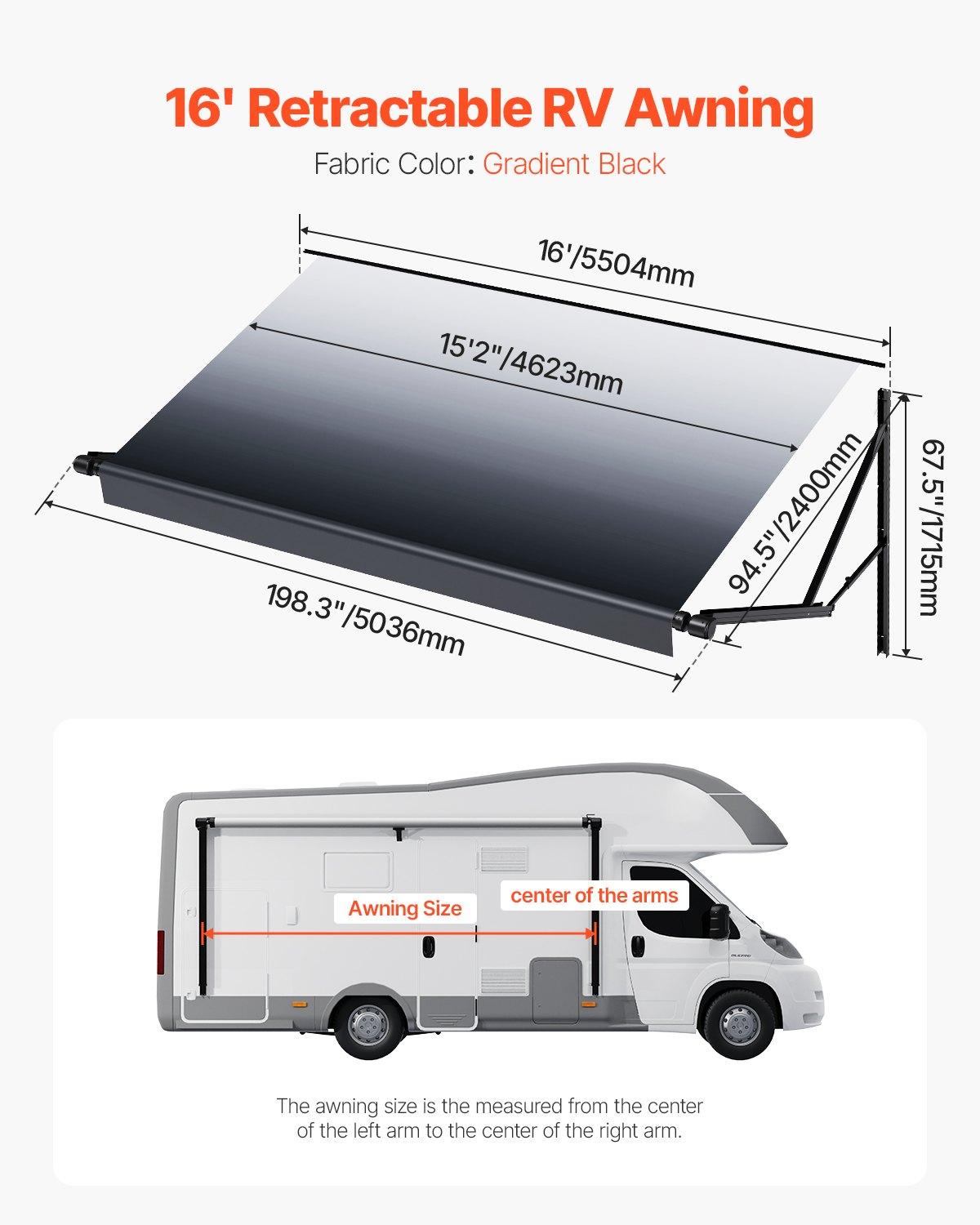 VEVOR Motorized Retractable RV Awning Complete Kit, 16' Sun Protection Outdoor Shade with Aluminum Alloy Frame, RV Accessories for Most RVs, Black Fade