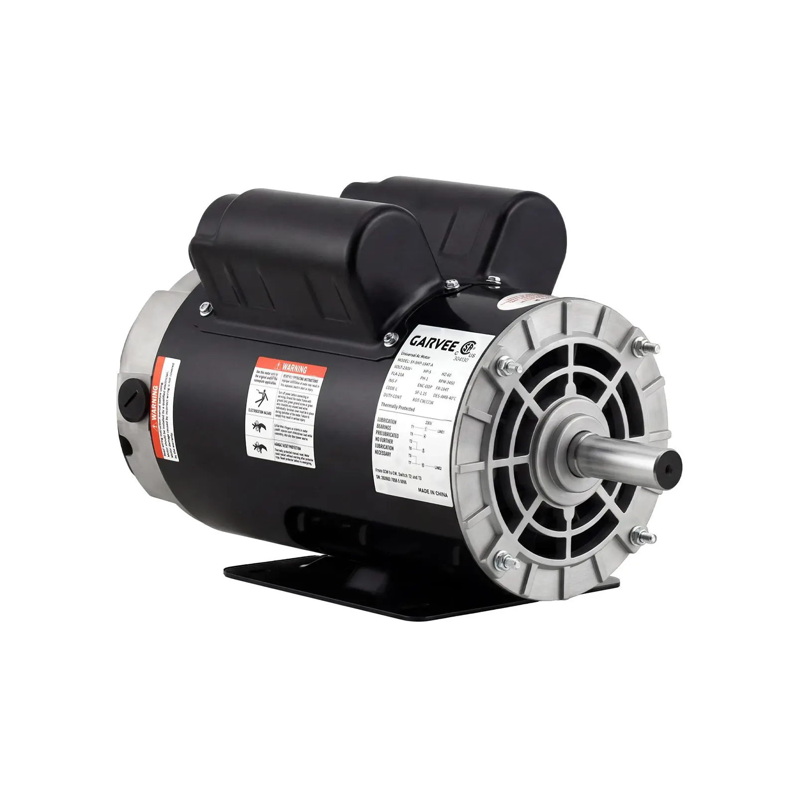 Garvee Upgraded 2/3/3.7/5 HP 5/8inch ,5 HP 7/8 inch SPL Air Compressor Electric Motor, 230V 20Amps, 3450 RPM 56 Frame,  Keyed Shaft, Copper Clad Aluminum, ODP CW/CCW Commercial Duty for Air Compressors