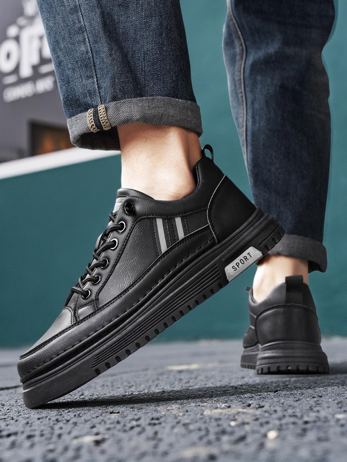 Men's Summer Thick Sole Sneakers, Simple Striped Casual Board Shoes, Soft Leather Breathable Lightweight, Height Boosting Slim Fit, Versatile Daily Wear