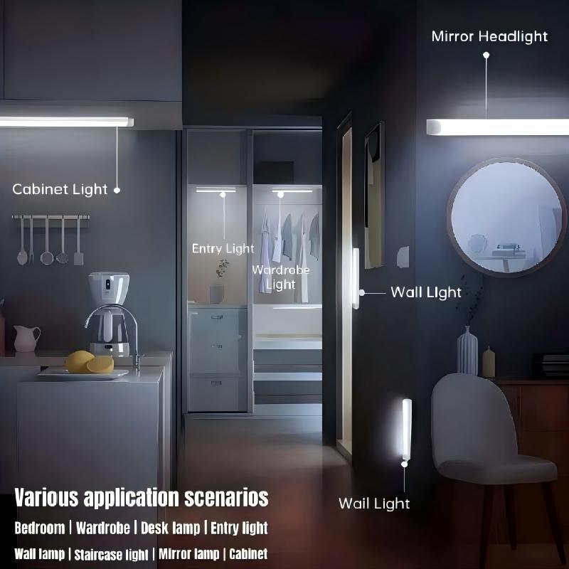 Smart Motion Sensor LED Strip Light, Wireless Magnetic Self-Adhesive Installation, USB Rechargeable Cabinet Drawer Night Light