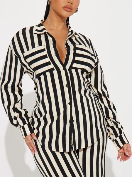 Women's black and white striped lapel long-sleeved button-down shirt and wide-leg pants set. Fashionable women's clothing for everyday wear and office use, perfect for all seasons.