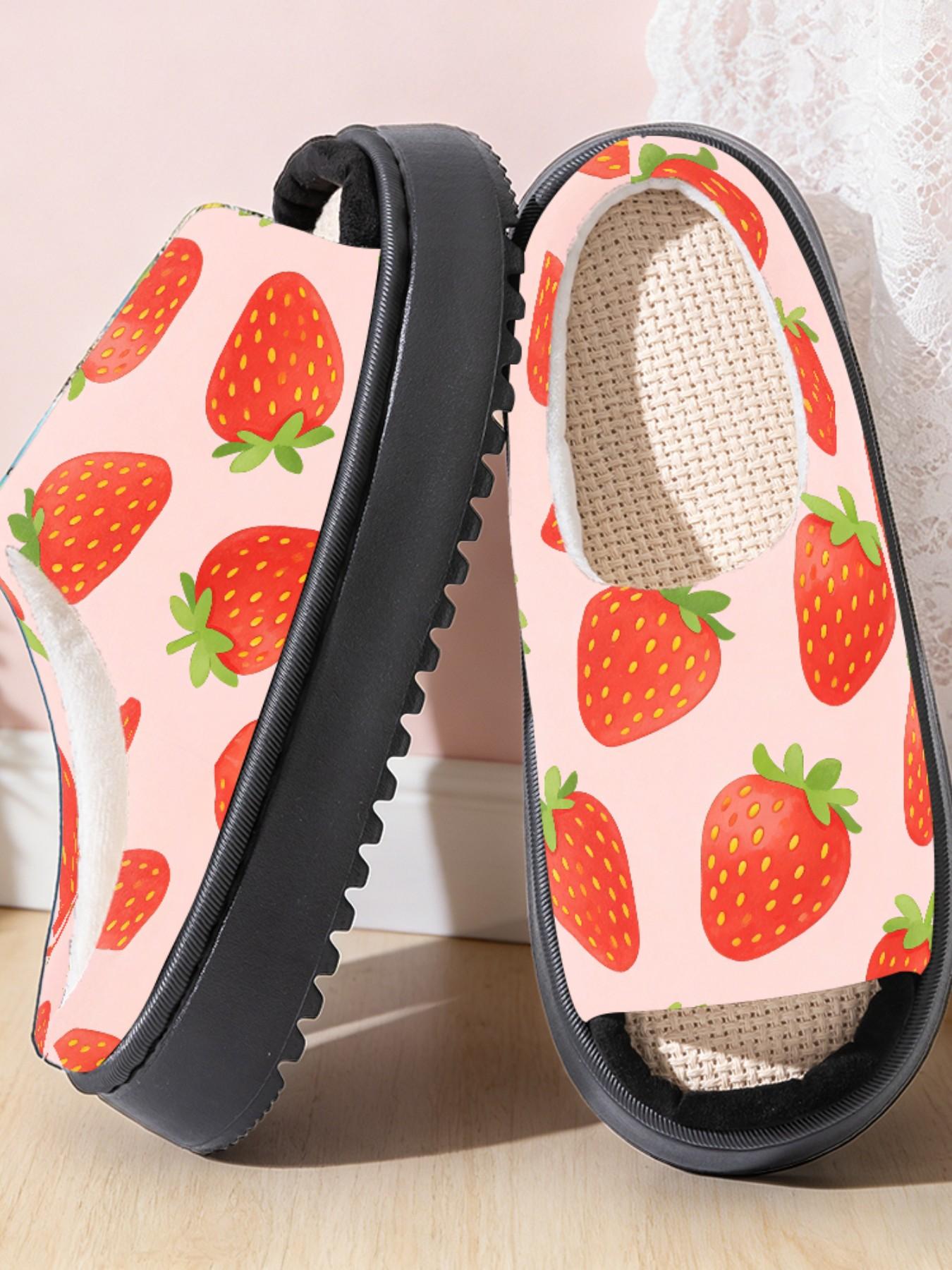 Sweet Strawberry Print Linen Open-Toe Sandals, Casual Textile Eva Sole, Less Than Ankle Height, All Seasons Cartoon Pattern