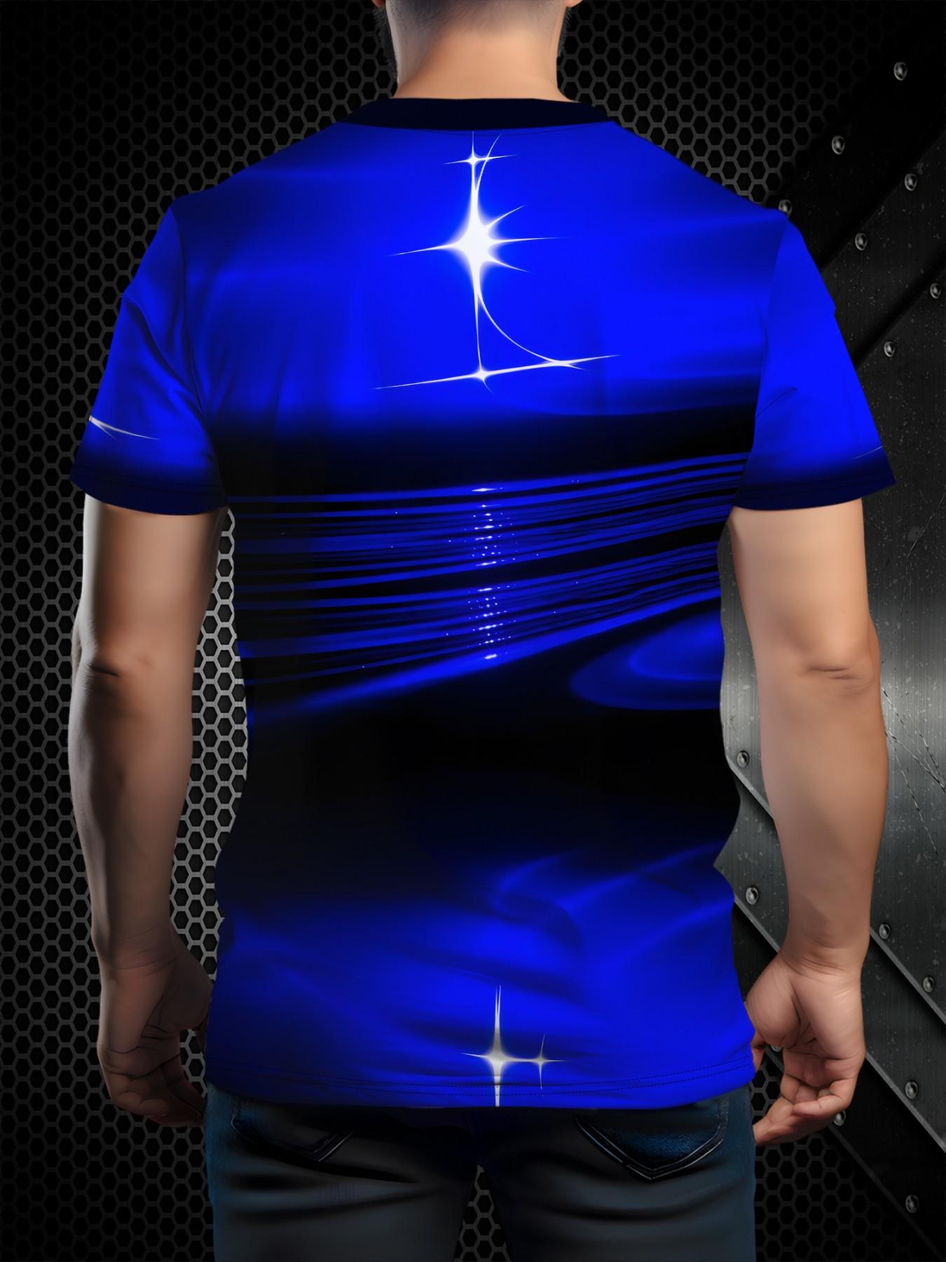 Unisex Casual Short Sleeve T-Shirt, Gradient Blue Print, Summer Streetwear, Breathable Quick-Dry Fabric, Comfortable Fit, Trendy H-Type Design