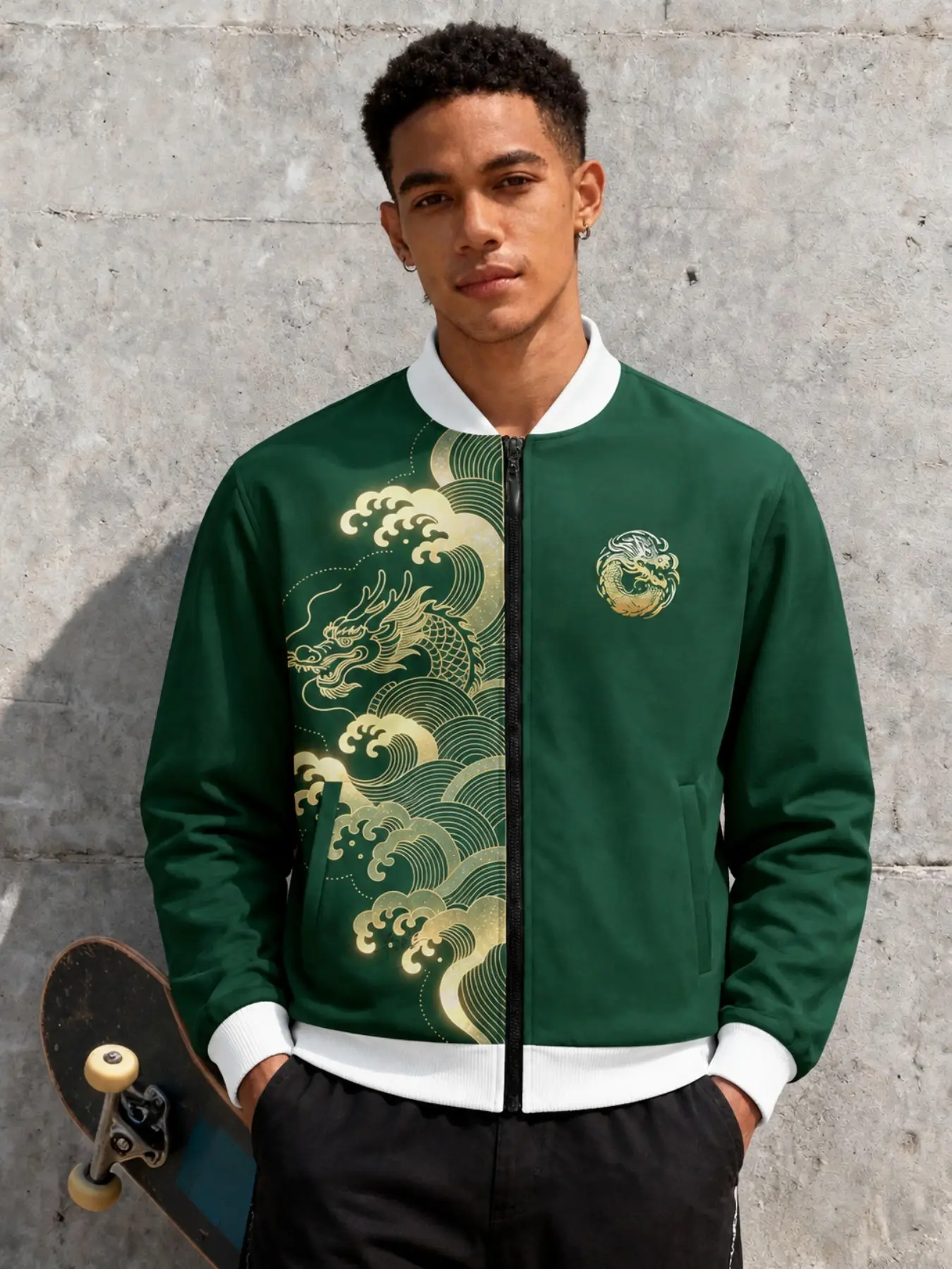 Men's Street Style Bomber Jacket, Gold Dragon Wave Print, Long Sleeve Casual Outerwear, Slim-Fit Unlined Design, Trendy Fashion Top