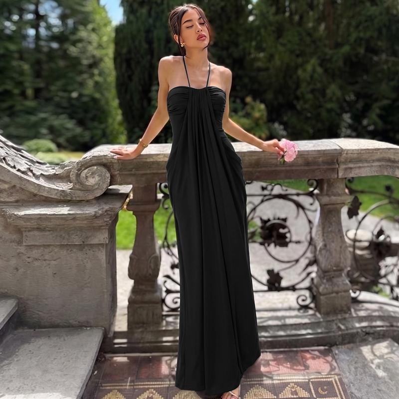 Women's Solid Color Ruched Bodycon Halter Neck Dress, Sexy Sleeveless Strapless Backless Slim Fit Tube Dress, Party Club Date Gown Dress, Elegant Slim Fitting, Casual Daily Maxi Dresses For Ladies Summer