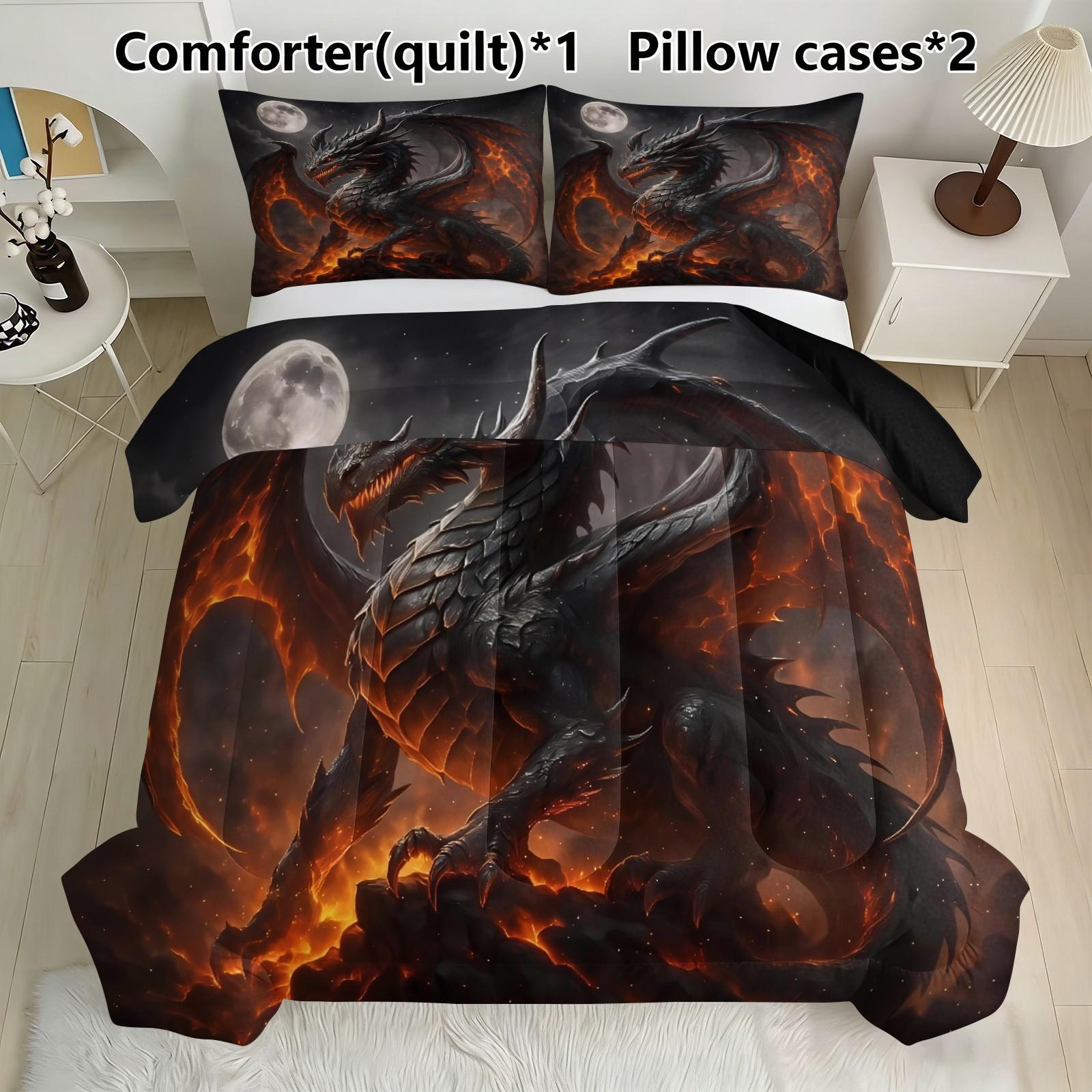 Volcano Dragon Pattern Quilt Set, Polyester Fiber Bedding, Includes 1 Quilt + 2 Pillowcases Without Core, Soft Skin Contact, Ideal for Couples