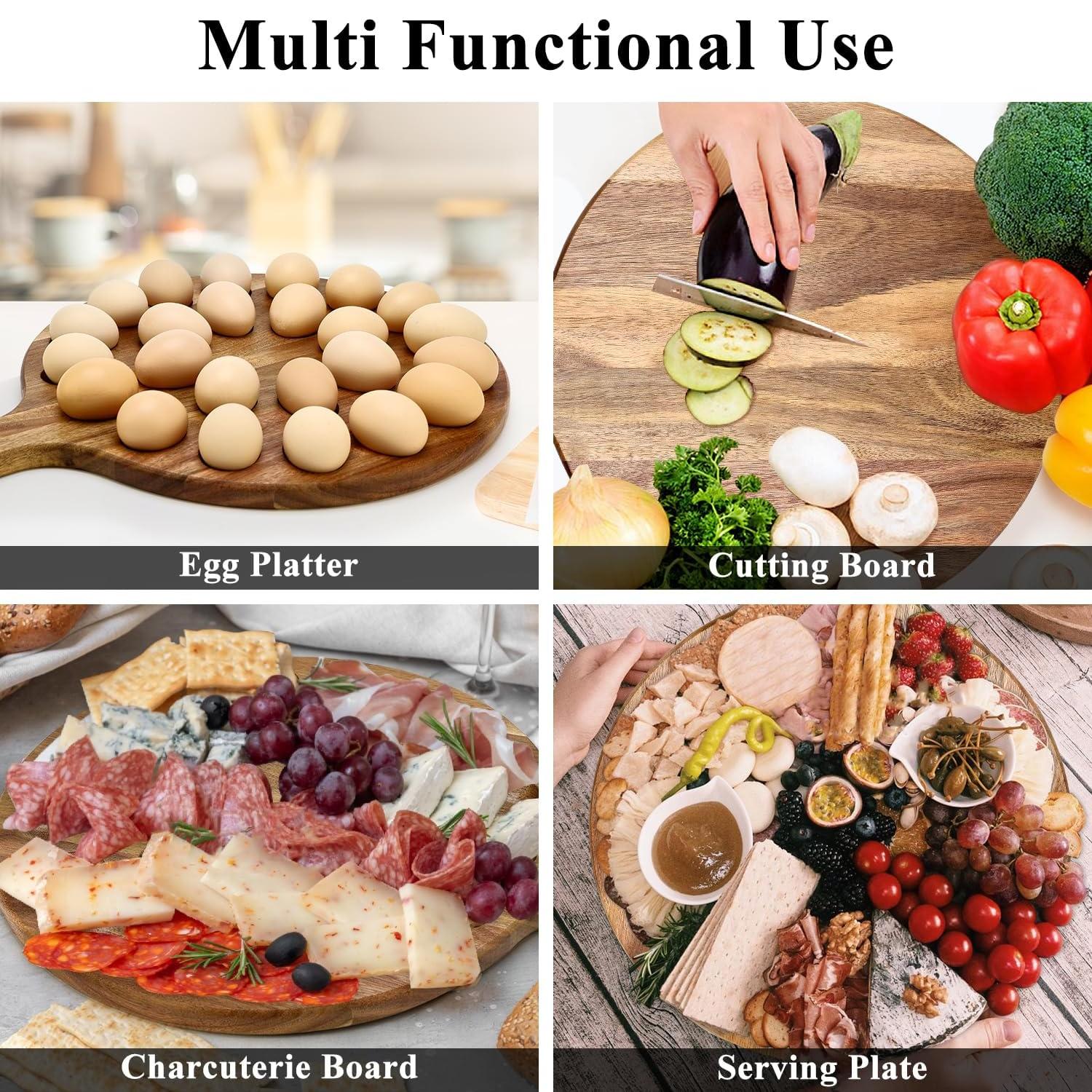 Deviled Egg Platter Wooden Deviled Egg Tray Reversible 24 Holes Round Egg Holder Container Charcuterie Board for Kitchen Countertops Serving Tray