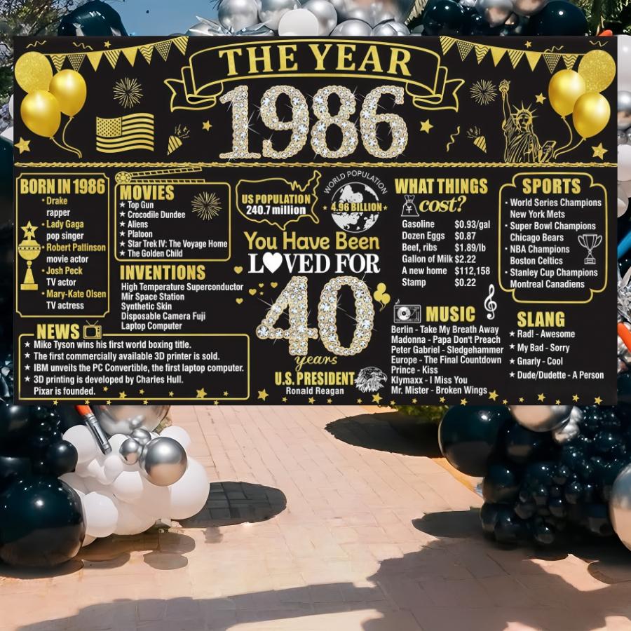 Retro Black Gold 40th Birthday Party Background Cloth, Black Gold 40th Birthday Banner, Retro 1986 Background Poster Photography Background, Polyester Material, Suitable for Photo Booth, Party, Birthday, Celebration, and Indoor/Outdoor Family Birthday