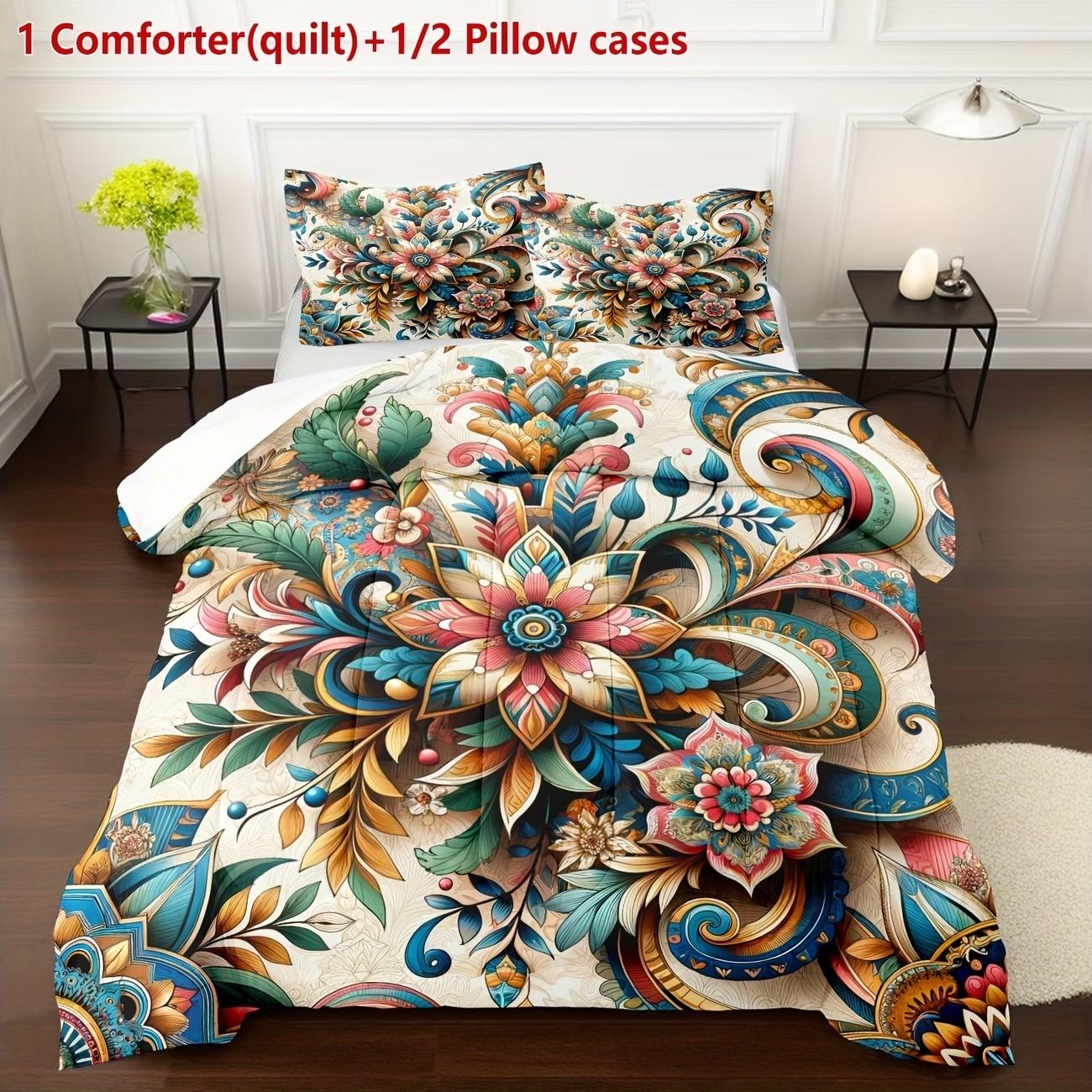 Boho Mandala Floral Print Bedding Set, Soft Breathable Comfort, 3-Piece Suite for Bedroom & Guest Room Decor, Includes 1 Duvet + 2 Pillowcases