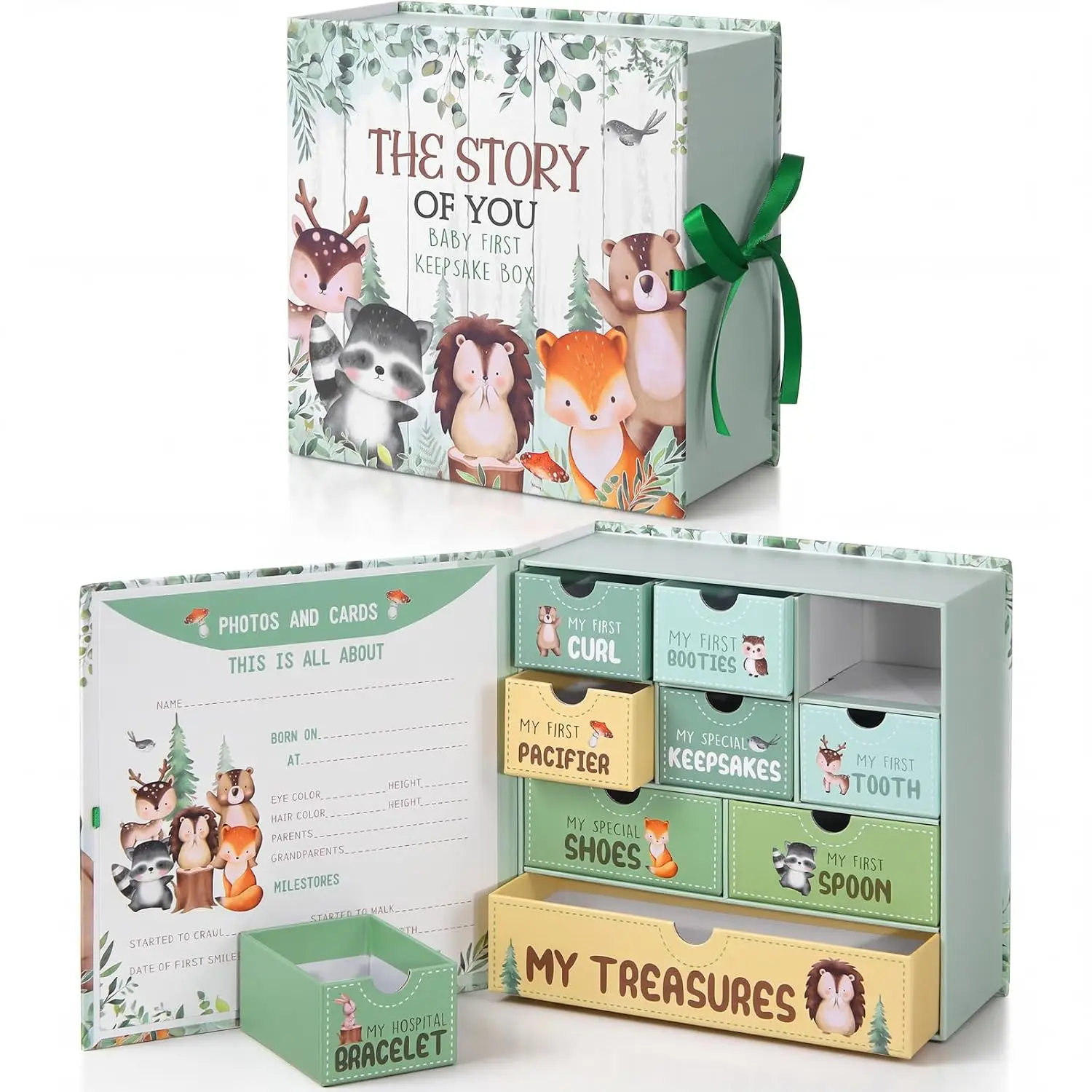 Baby Keepsake Box Newborn Memory Organizer with 9 Labeled Compartments First Keepsake Book Gift Box for Pregnancy Mother"S Day Baby Shower New Maternity(Woodland)