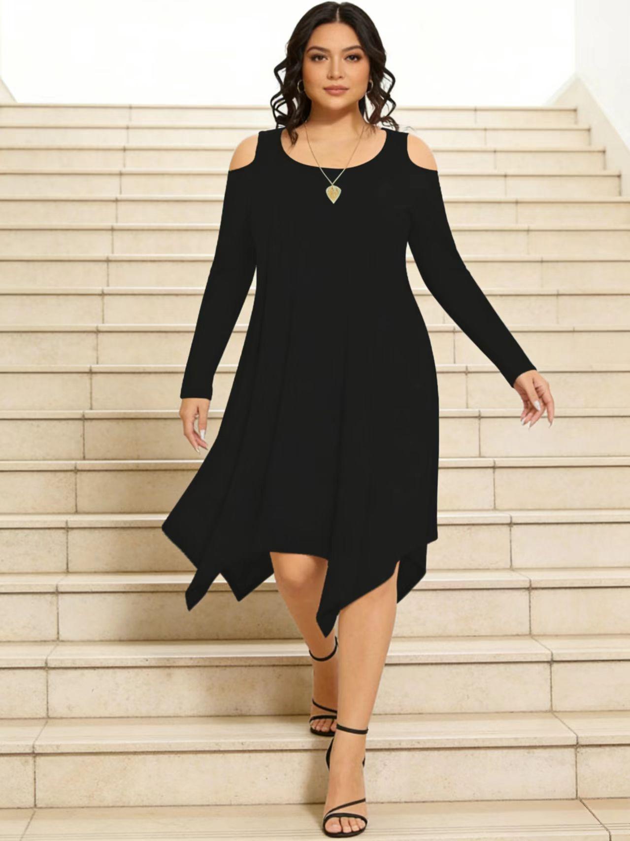 Fashion Plain Shoulder-Exposed Long Sleeve Dress, Elegant Casual Wear, Perfect for Spring & Fall, Women's Stylish Clothing