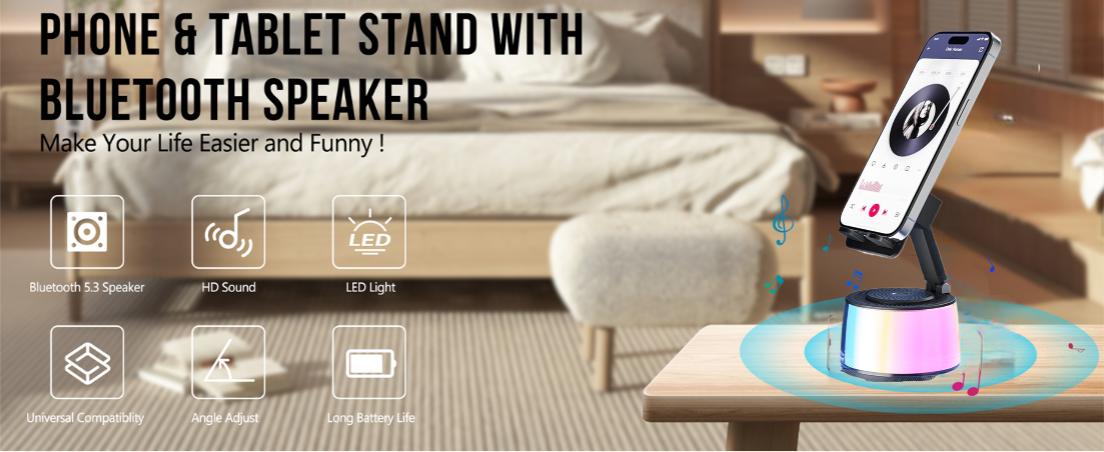 Wireless Audio Bluetooth Speaker with Emergency charging, 5in1 Phone Holder Power Bank with Colorful Ambient Light for Tablet iPhone Android, Gifts for Men Women