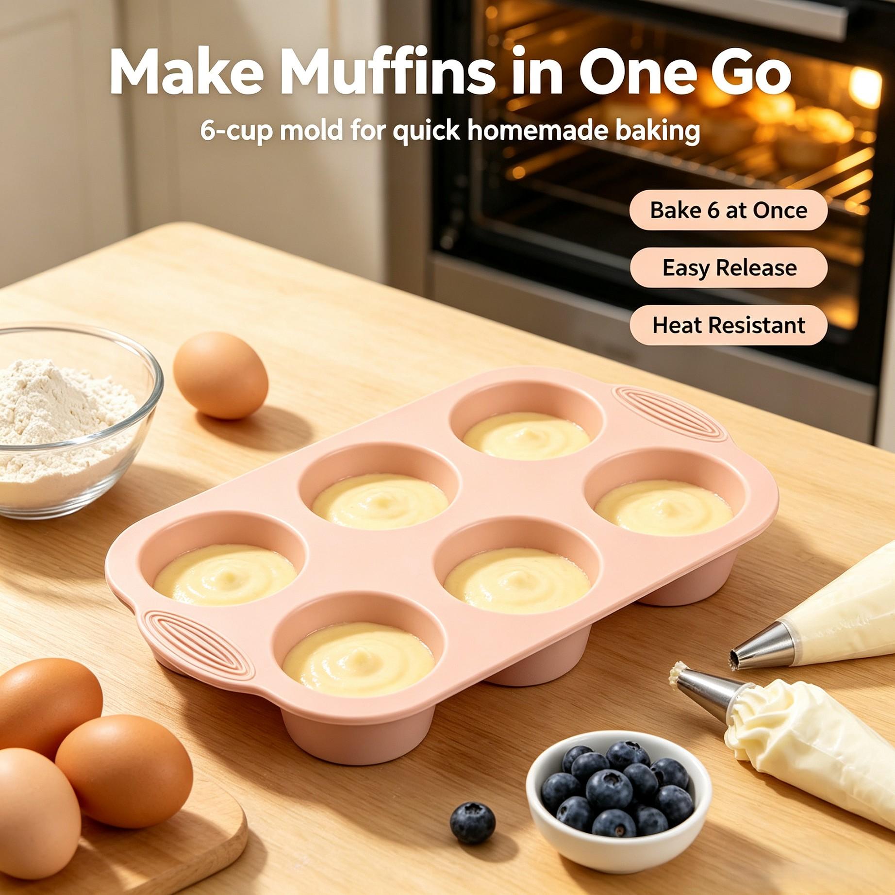 Food Grade Silicone Six-Cavity Cake Mold, Reusable Baking Mold for DIY Cookies, Muffins, Desserts, Perfect for Home Bakers