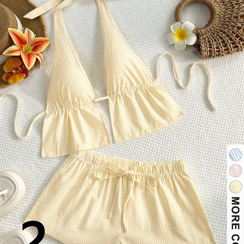 Women's Striped Two-Piece Set, Halter Neck Backless Top + Drawstring Waist Shorts, Y2K Style Casual Home Wear, Beach Vacation