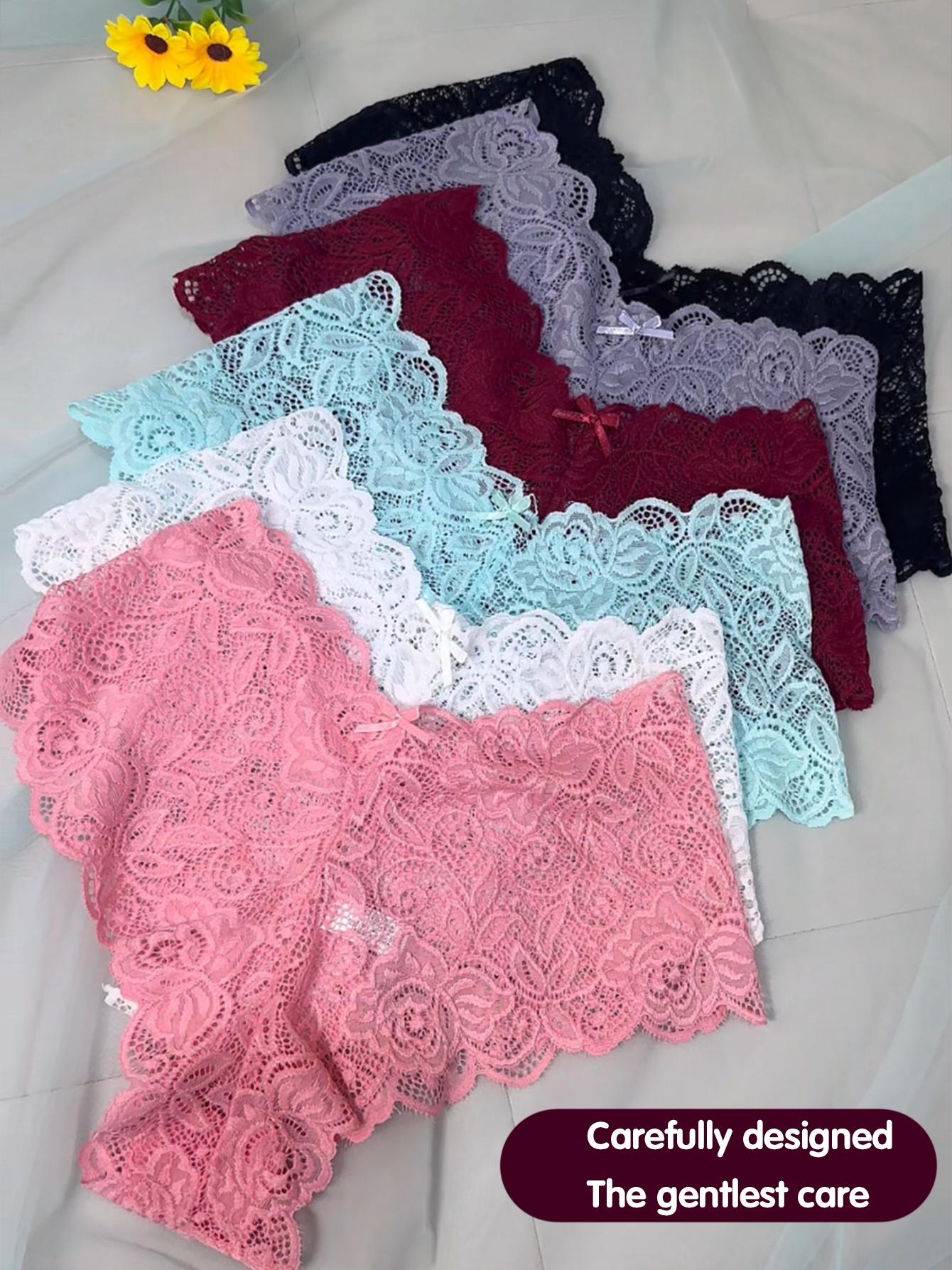 Women's Low-Rise Lace Panties with BowknotWaist. Sexy, breathable and elastic. Available in variouscolors like black, Stretchy delicately laced. Comfortable and stylish for daily wear. Womenswear Basic French Soft 18Pcs thongs Sheer
