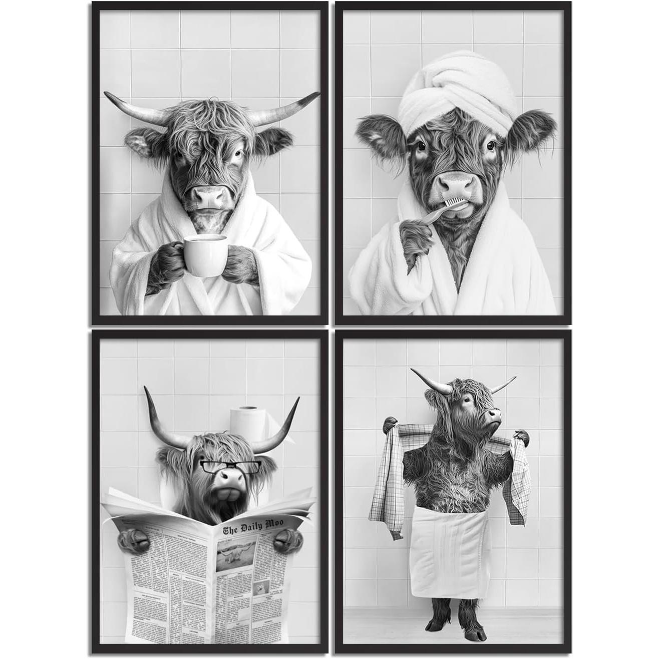 4pcs/set Frameless Funny Bathroom Humorous Animal Painting Calligraphy HD Canvas Poster living room bedroom bar aesthetic decoration