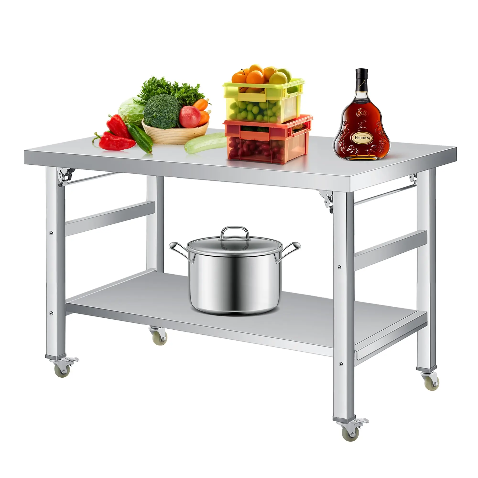 GAOMON Heavy-Duty Foldable Stainless Steel Work Tables with Adjustable Undershelves and Lockable Casters, Available in Multiple Sizes (36x24, 48x24, 60x24), NSF Certified for Commercial Kitchens, Restaurants, Workshops, and Garages
