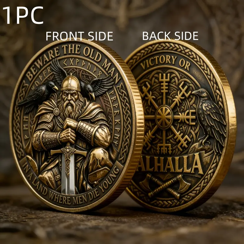 1PC Viking Glory Theme Commemorative Coin, Alloy 3D Relief Collectible Medal, Nordic Totem Element Metal Memorial Decor, Suitable for Brotherhood Gathering, Travel Event and Anniversary, Thanksgiving and Father's Day Gift