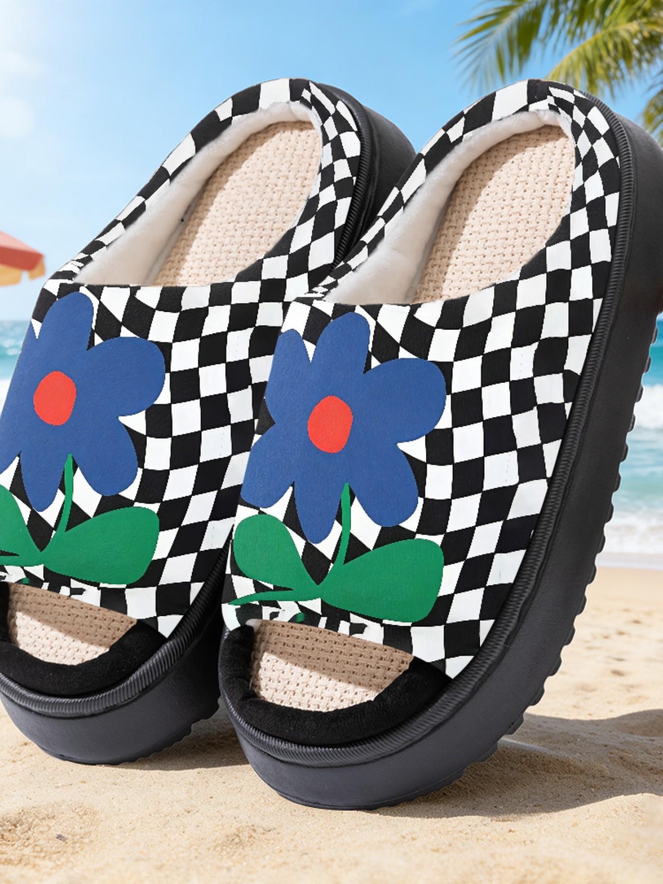 Blue Floral Unique Print Linen Open-Toe Sandals, Casual Textile Eva Sole, All-Season Less Than Ankle Height, Cartoon Pattern Design