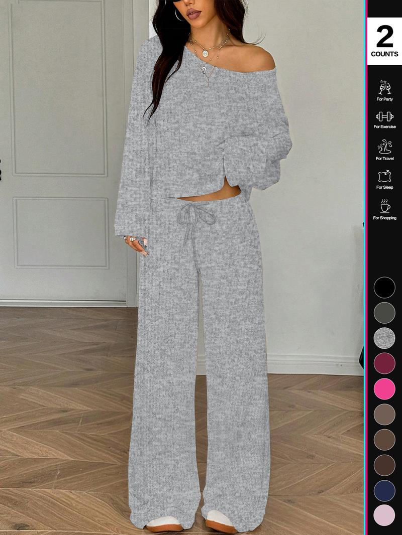 2026Women's Two-Piece Set, Long Sleeve Casual, Breathable Elastic Waist Pants, All-Season Basic Sleepwear, Comfortable Loungewear