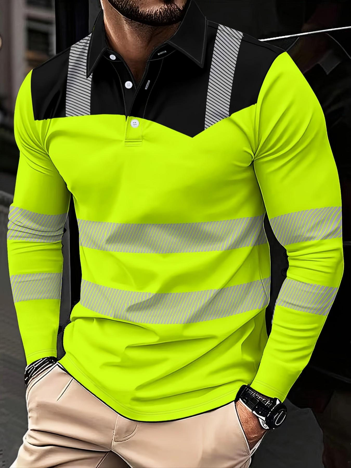 Men's Reflective Stripe Long Sleeve Polo Shirt, Construction Safety Workwear, Colorblock Lapel, 3D Print Top, Fall & Winter Casual Style