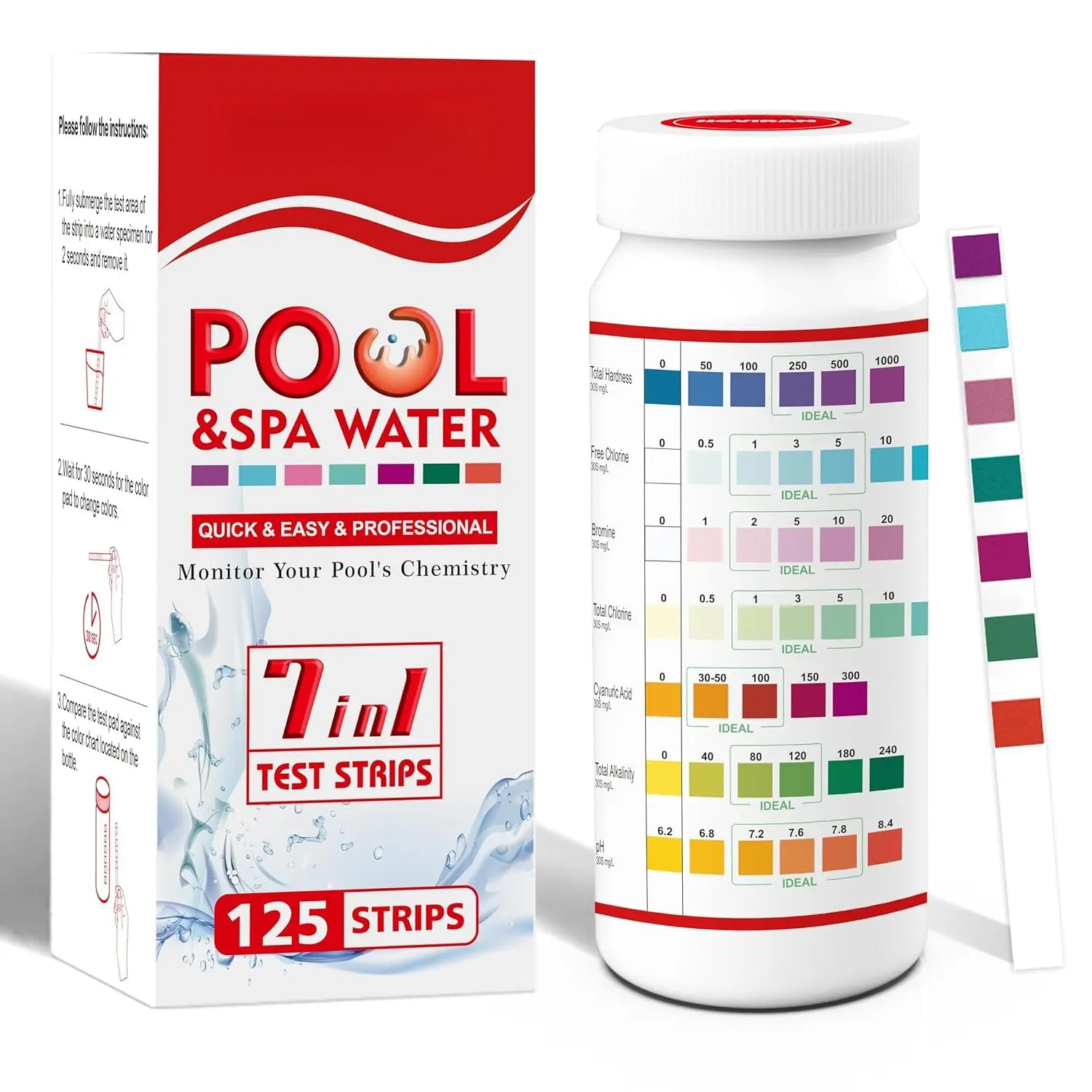 Pool Test Strips 7 Way, Quick Pool and  Test Strips 125ct Hot Tub Test | Reliable Water Testing Kit for Bromine,  Alkalinity, pH, Free Chlorine,  Hardness, Cyanuric Acid and  Chlorine