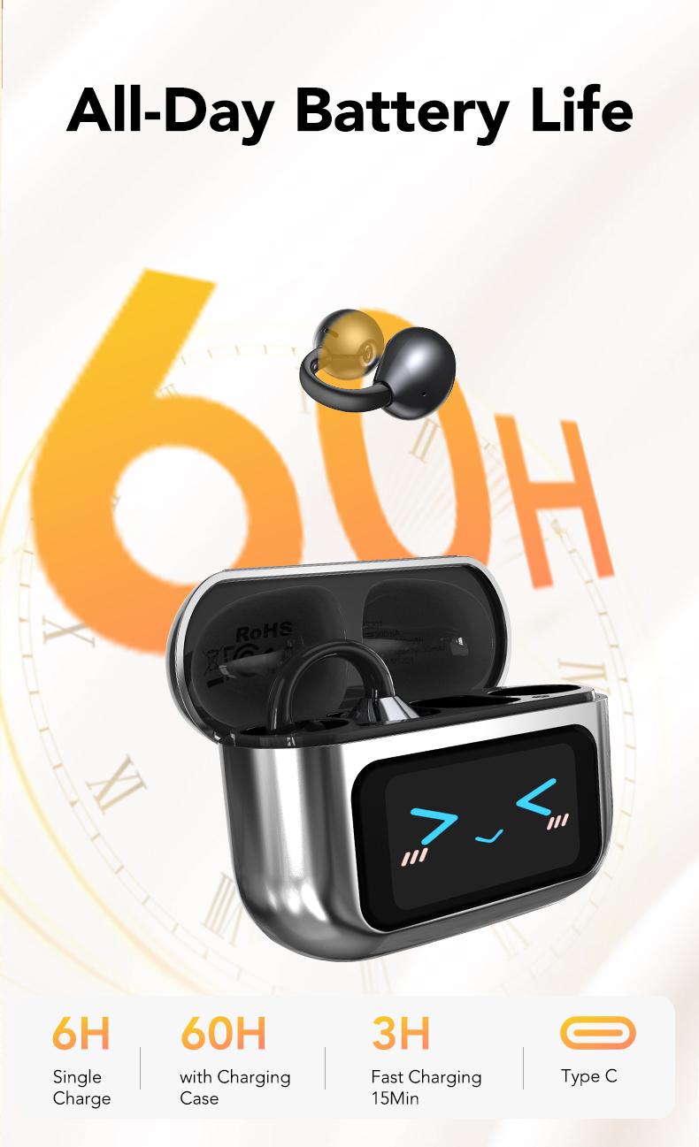 MINISO MS201 Clip-On Ear Headphones, Translation Earbuds, Translation in 134 Languages With APP, with Audio-Visual Touch Screen, Bluetooth 6.0 Earbuds, Wireless Headphones for Music & Phone Calls, Sport Waterproof & Sweatproof, with HD Mic