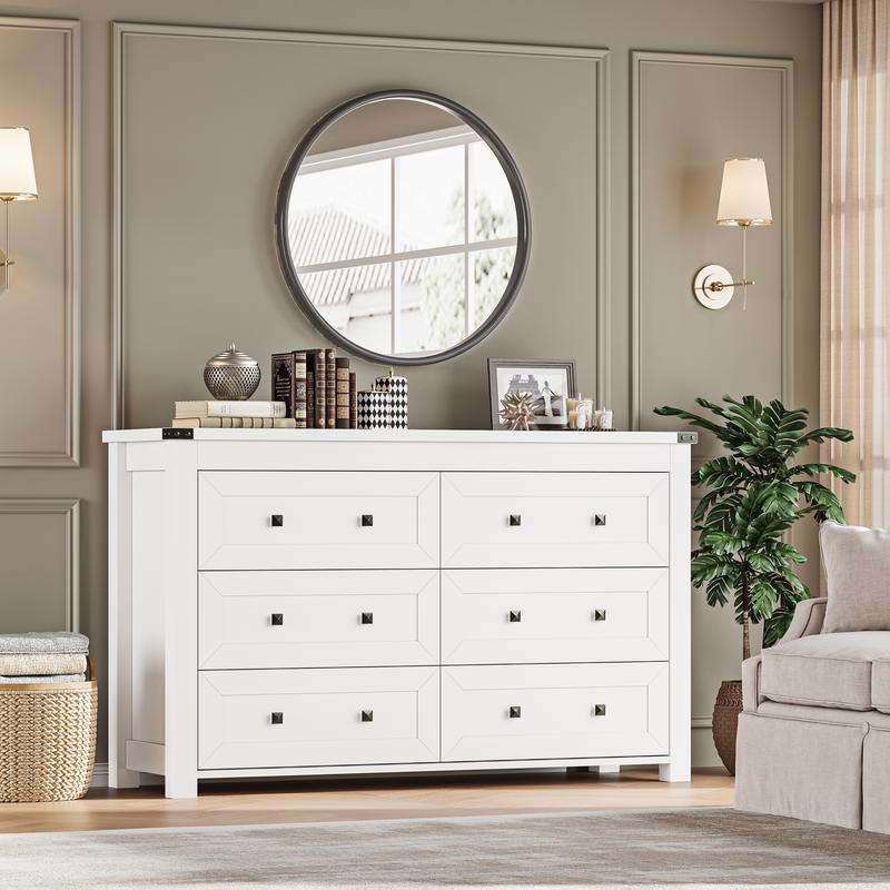 White Dresser 6 Drawer Dresser for Bedroom, Modern Wood Chest of Drawers with Metal Handles, TV Stand and Storage Cabinet for Living Room, Hallway, Nursery, Closet