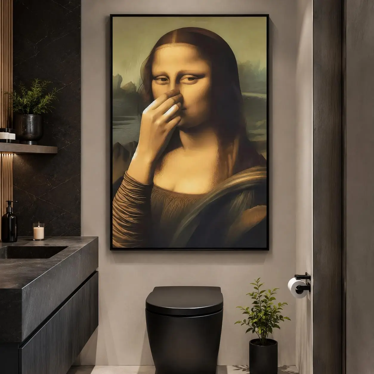 Da Vinci-Inspired Mona Lisa Nose-Covering Vintage Stink Poster, Waterproof Artistic Wall Art Work for Wall Decor, Wipe-Clean Humorous Home Decor for Bathroom, Kid Room, Funny Bathroom Wall Art, Toilet Humor Poster, Canvas Prints, Restroom Decor