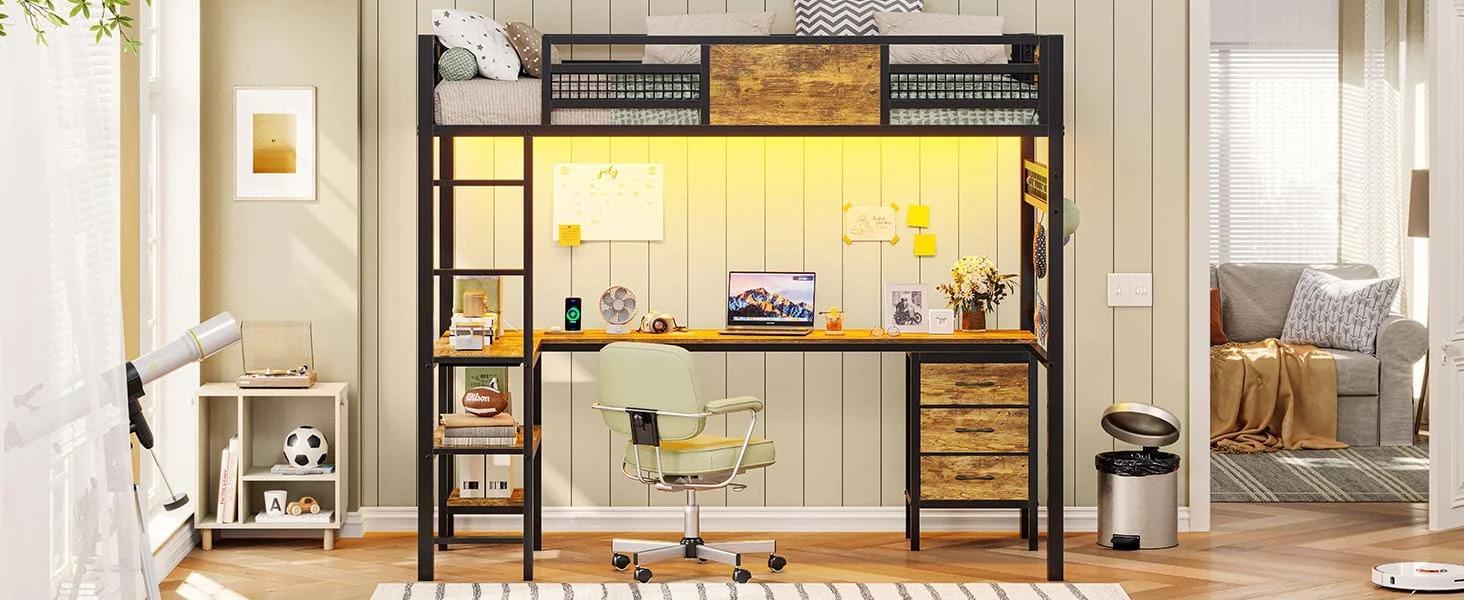 Twin Size Loft Bed Frame with L-Shaped Desk Black