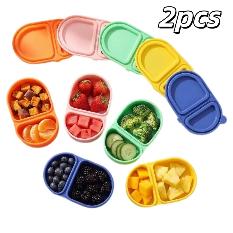 2pcs Silicone Snack Containers with Lids, Reusable Dual-Compartment Leak-Proof Bento Lunch Box, Portable for Outdoor Picnic, Fruit & Sauce Storage