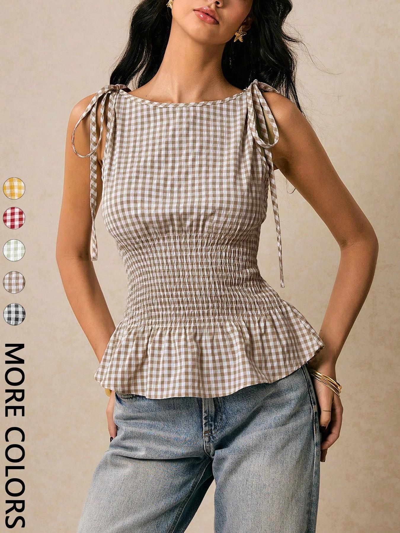 Women's Top Plaid Waist Top Boat Neck Waist Tie Ruffle Hem Shoulder Tie Tank Top Summer Cute Y2k Commute Daily Elastic