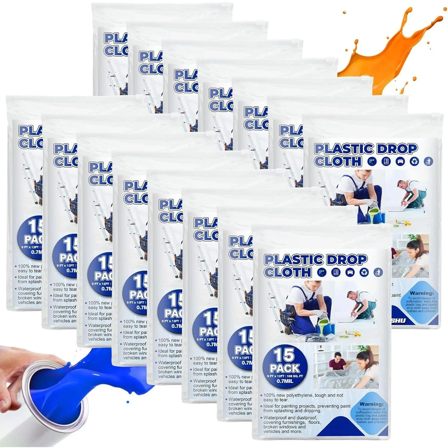 15 Pack Plastic Drop Cloths for Painting 9x12 , Extra Thick Clear Plastic Painters Drop Cloth, Disposable  Plastic Covering Tarp,  PlasticDust Sheets for Covering Furniture