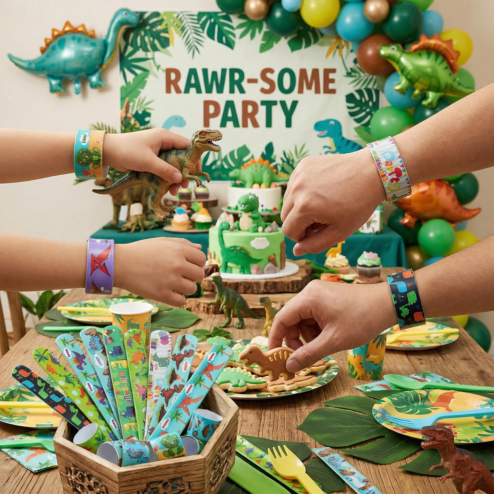 12pcs Kids Dinosaur Fidget Bands, Dinosaur Theme Birthday Party Favor, Small Toy Gift Bag, Classroom Reward, Boy Girl Treasure Box Prize Toy