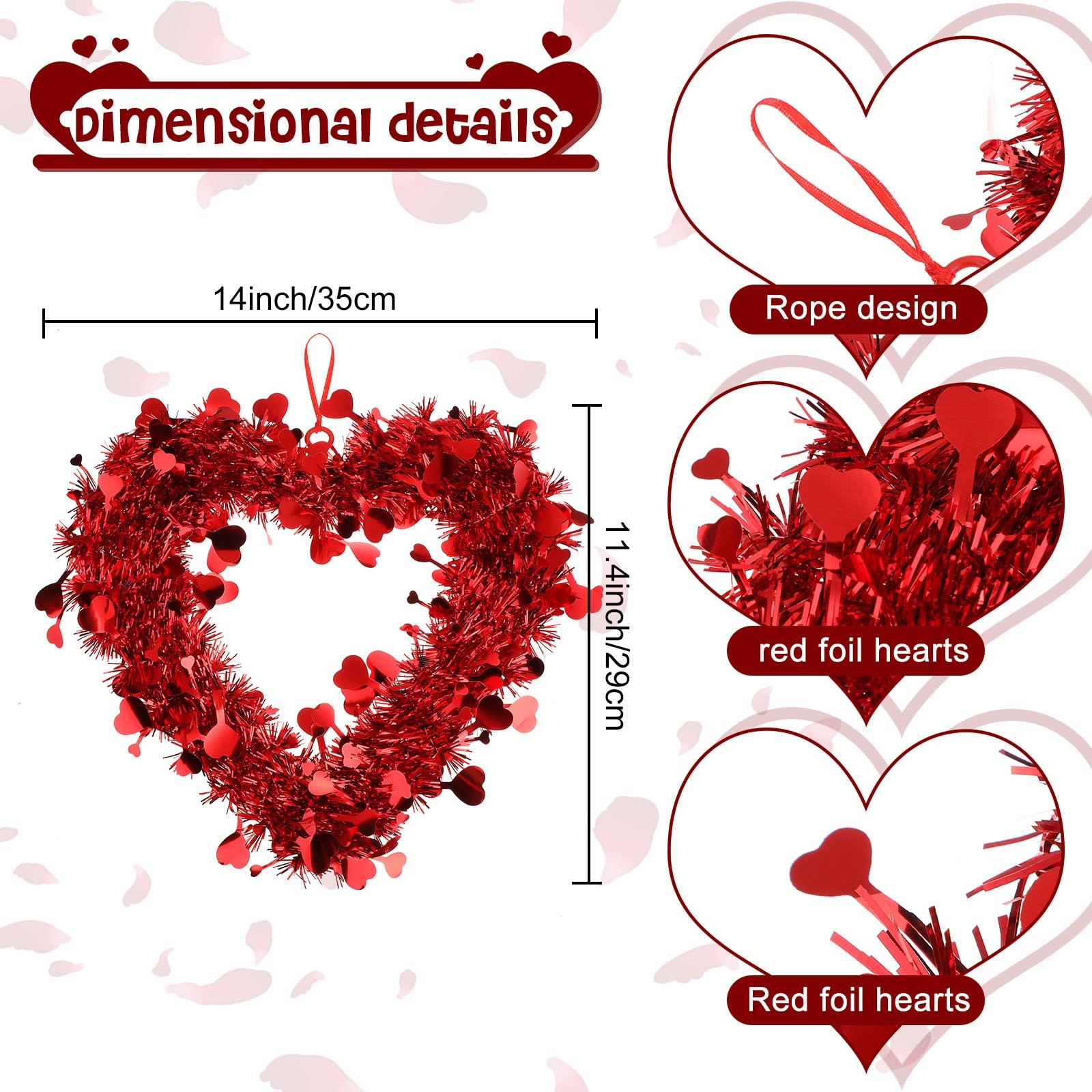 Valentine's Day Heart Wreath 8/6/3 Pcs Red Pink Tinsel Heart Shaped Hanger Wreath for Front Door Window Wall Mantle Kitchen Cabinet Romantic Atmosphere Valentines Decor Wedding Decorations Anniversary Birthday Party Spring Indoor Outdoor Home Decor