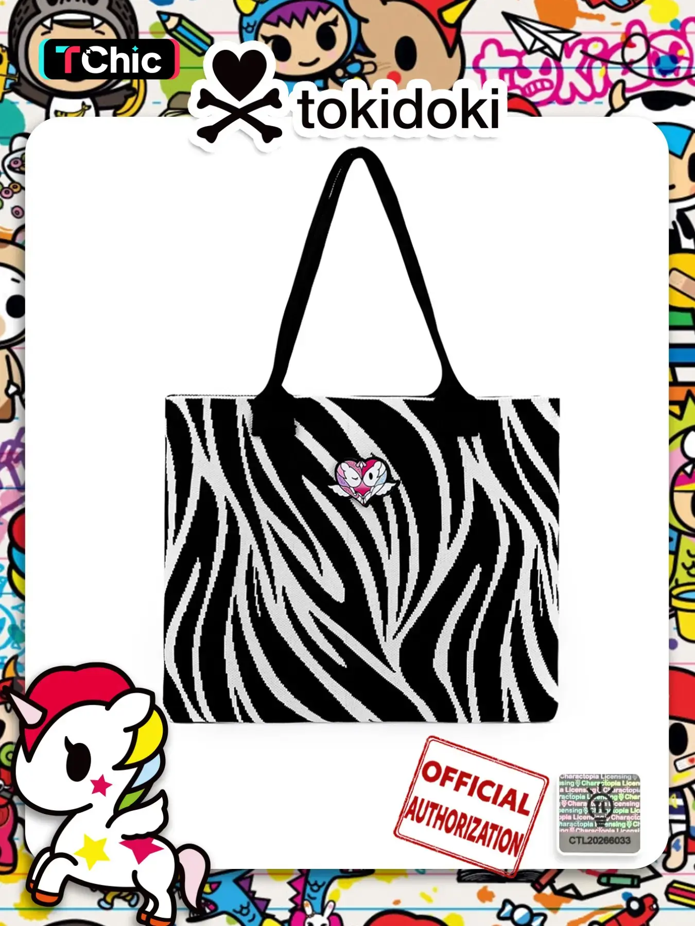 Officially Licensed Tokidoki Zebra Knit Shoulder Bag, Large Capacity Y2K Street Style, Foldable Laptop Bag for Women, Daily Use, Fashion Patterned Bag, Fashionable Bags
