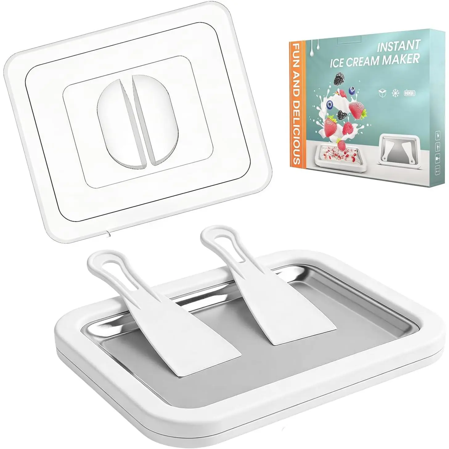 Rolled Ice Cream Maker Tray with Lid and 2 Scrapers, 304 Stainless Steel Ice Cream Roll Pan, 10.2 x 8.3 x 1.3 Inch Manual  Frozen Dessert Maker for DIY Ice Cream, Yogurt, Sorbet, Family Fun