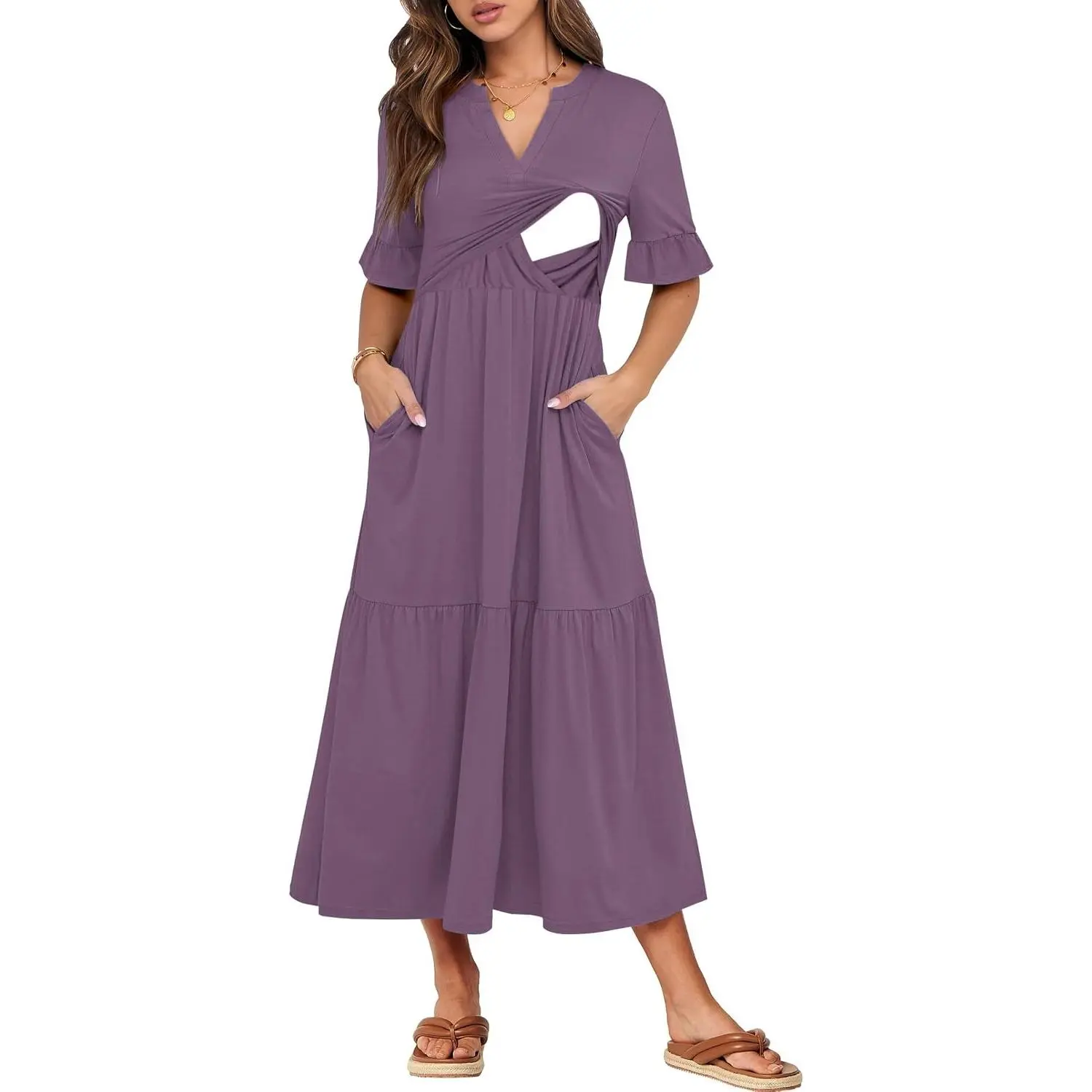 Womens Nursing Dresses Ruffle Sleeve V Neck Tiered with Pockets | Maternity Breastfeeding Out Fit Summer T Shirts Dress