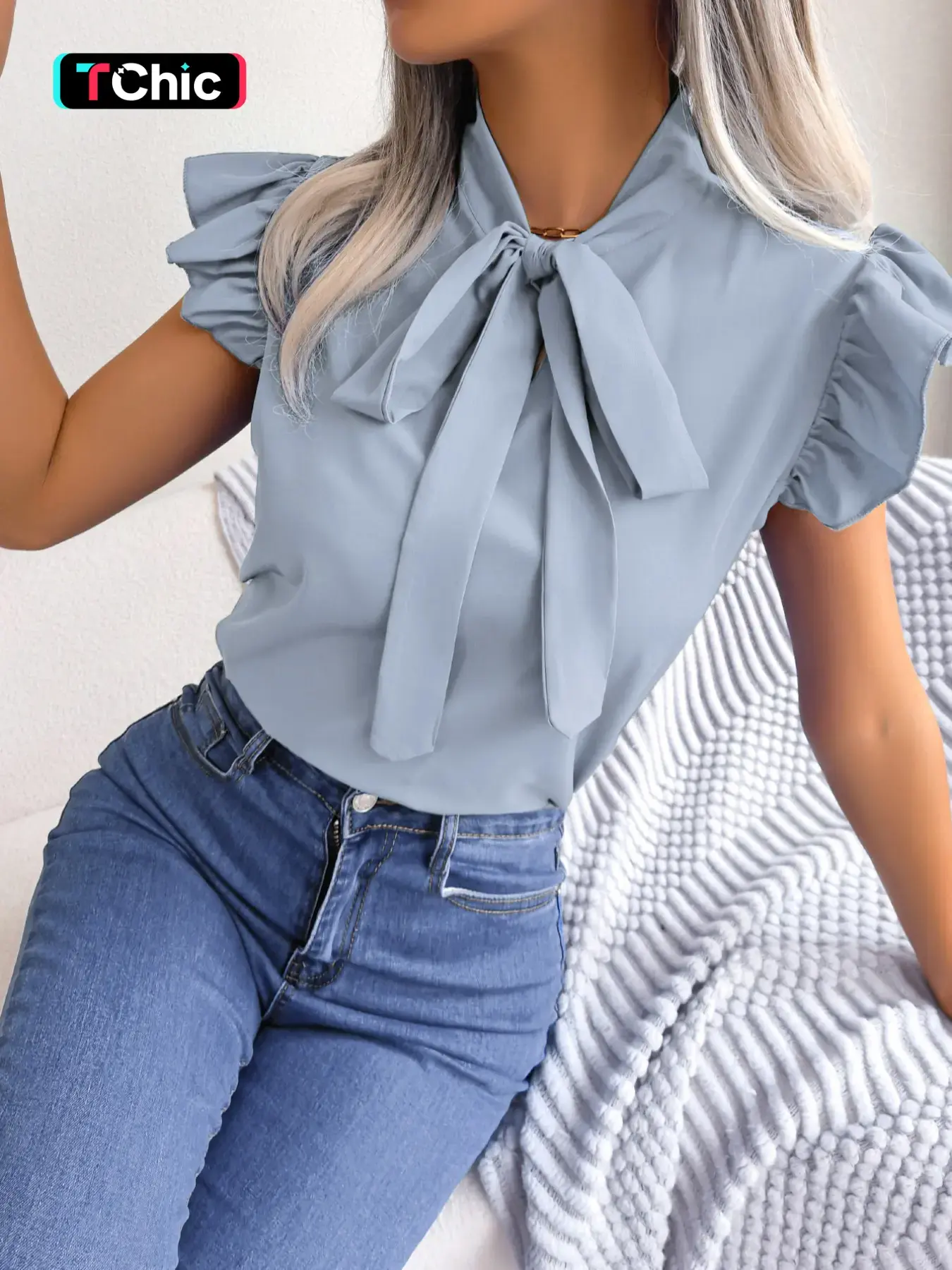 Women's Plain Ruffle Trim Tie Neck Fitted Short Blouse, Summer Clothes for Women, Butterfly Sleeve Top, Women's Clothing for Daily Wear, Casual Shirts, Womenswear