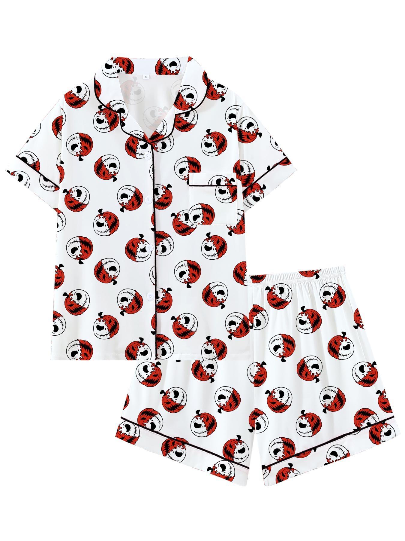 Creepy Cute Skeleton Halloween Pattern Short Sleeve Pajama Set, Spooky Stitched Face Graphic Sleepwear with Black Piping, Goth Style Summer Loungewear Set, Fun 2-Piece PJs