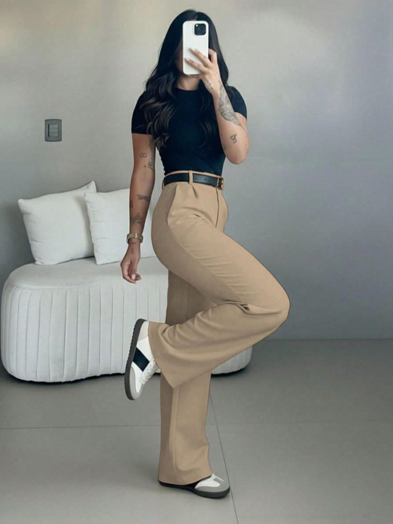 Women's high-waisted straight leg trousers in an everyday setting
