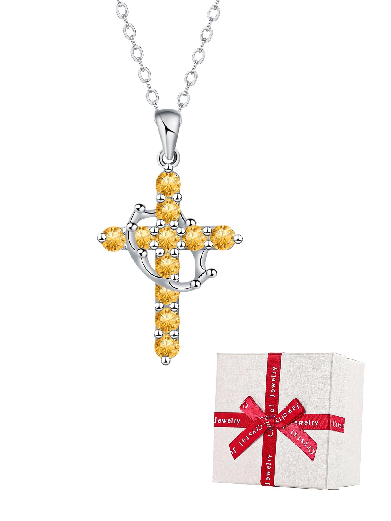 Women's Cz Birthstone Crown Cross Necklace Set, Colorful Fashion Pendant Exquisite Jewelry Gift Box, Christian Wife Mom Girlfriend Faith Present