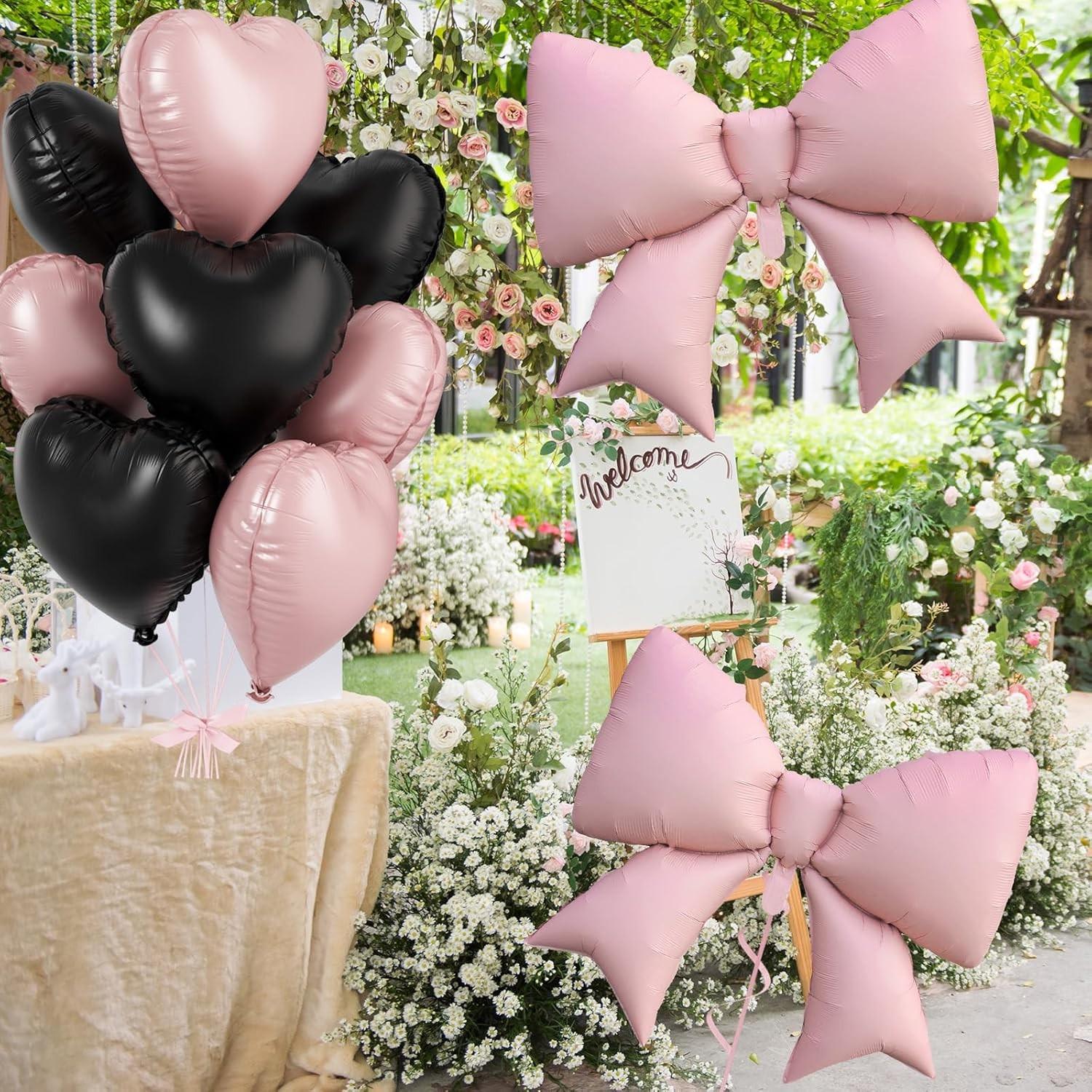 Pink and black heart-shaped bow balloons, 8 18 inch heart-shaped balloons and 2 38 inch butterfly balloons (with 2 accessories), suitable for girls' birthdays, baby showers, bridal wedding party decorations
