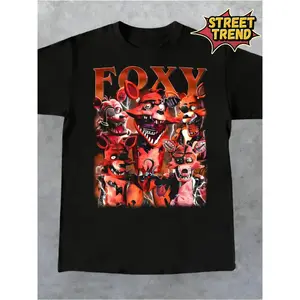 Retro Street Style Printed T-shirt for Men and Women, Featuring a Striking "FOXY" Fox Print- Black and Red Casual Short-sleeved Crew Neck T-shirt, Suitable for Everyday Casual Wear, All Year Round, Creating an Eye-catching Look.