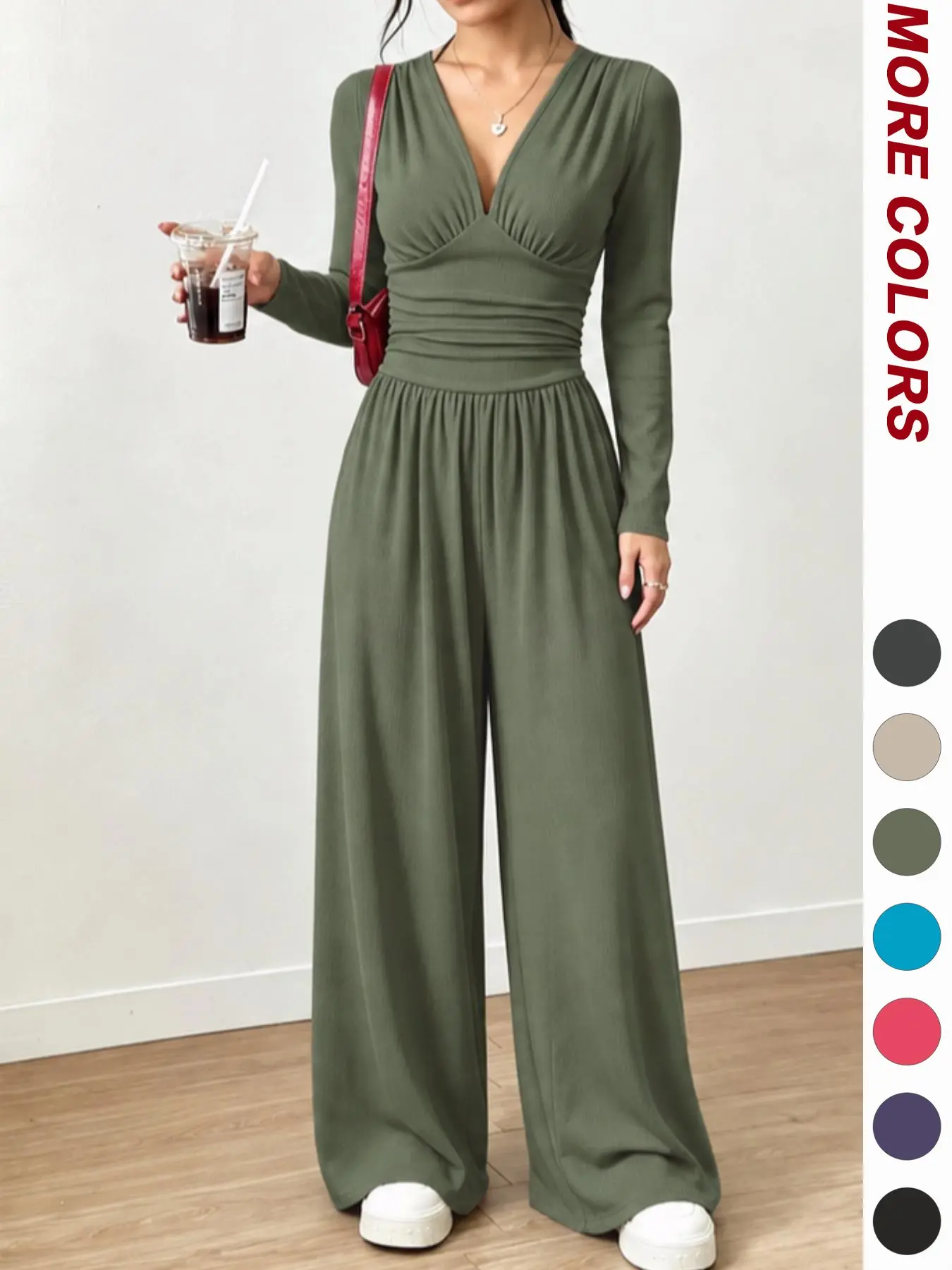 2026 Fall Women's Wide Leg Jumpsuit, Long Sleeve Loose Fit, Casual One Piece for Office, Work From Home, Shopping, Vacation, Daily Wear