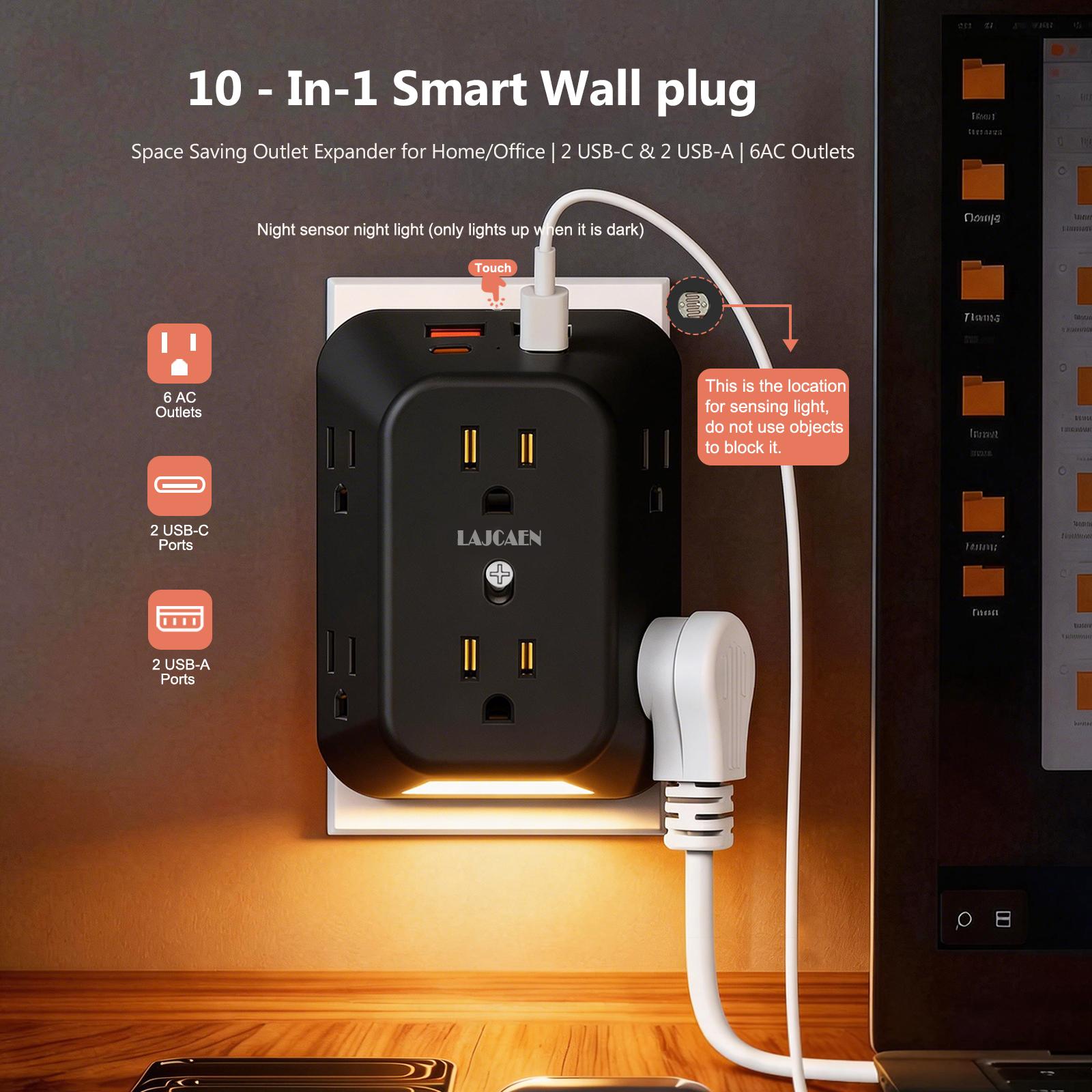 Multi Plug Outlet Extender Surge Protector with Night Light, 6 Outlet 4 USB(2A2C) Wall Adapter,  4 Sided Design, Touch Control 3 Level Night Light, 1050J Surge Protection for Home Travel