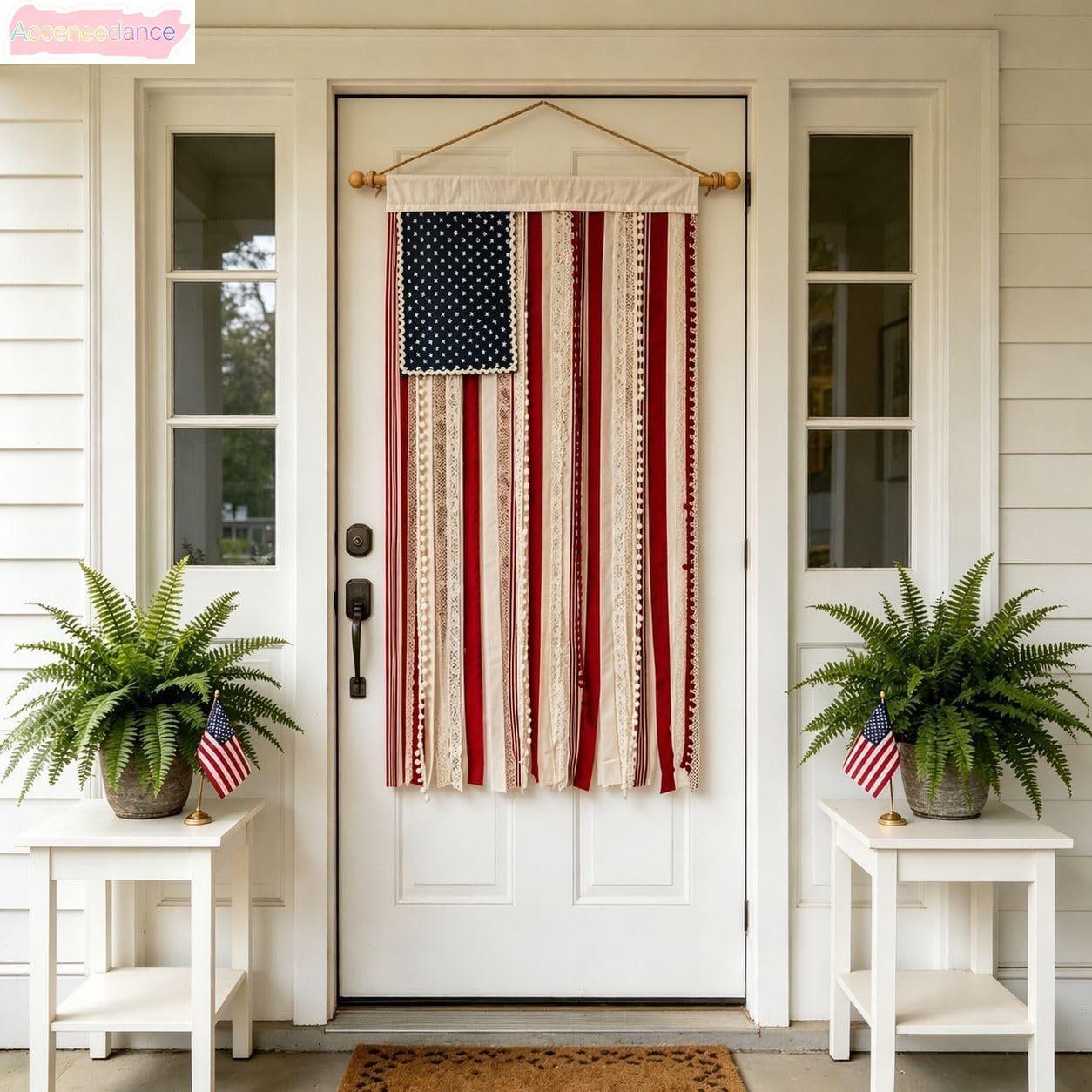 Lighted American Rag Flag Banner With LED Fairy Lights, 4x2.3 Ft Rustic Patriotic Tassel Garland For 4th Of July Decoration, Aesthetic Americana Wall Hanging For Porch Yard Party, Independence Day Celebration Home Decor 250th Anniversary